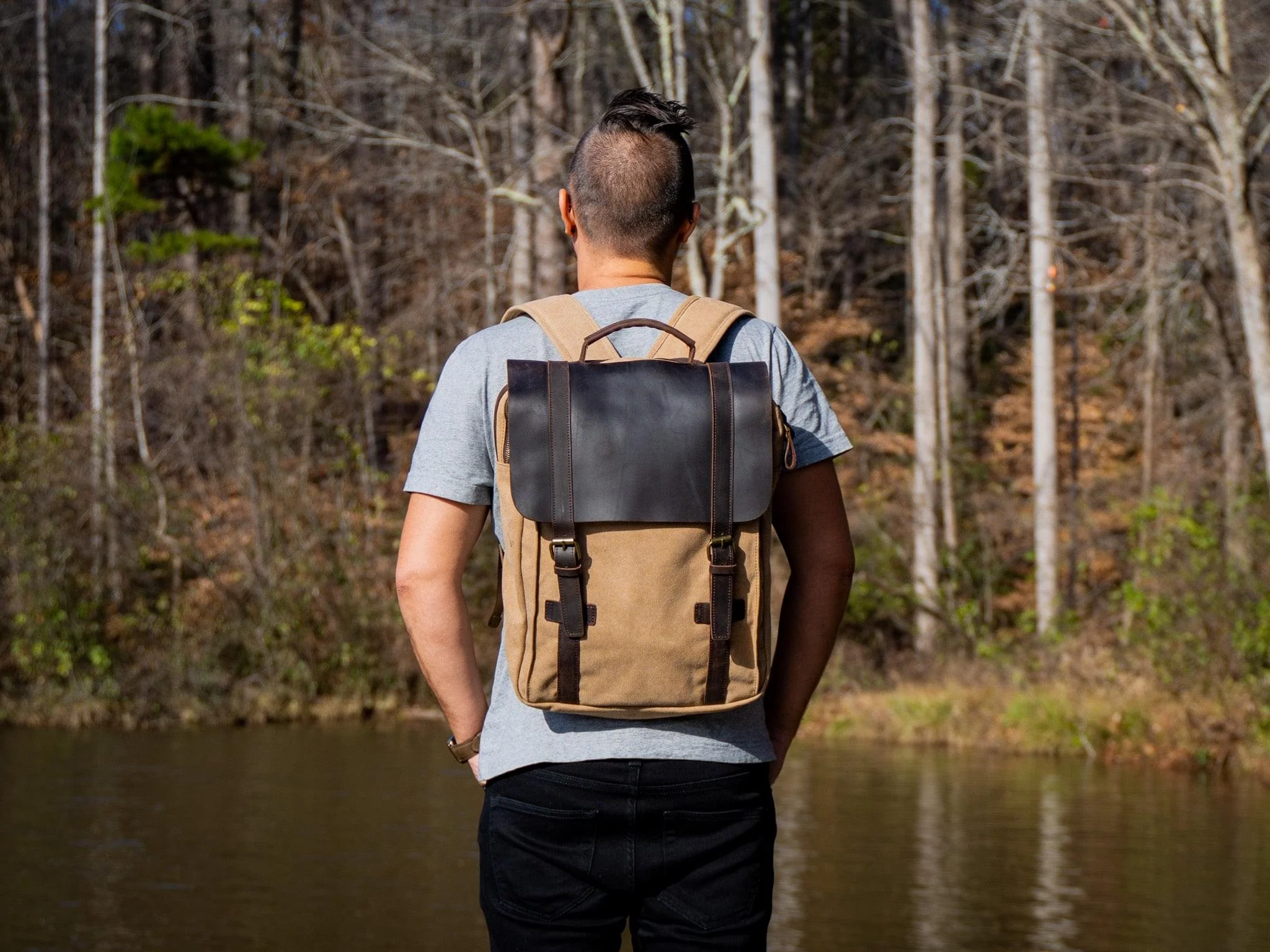 Men's Book Backpack Canvas and Leather - Camel - Image 2