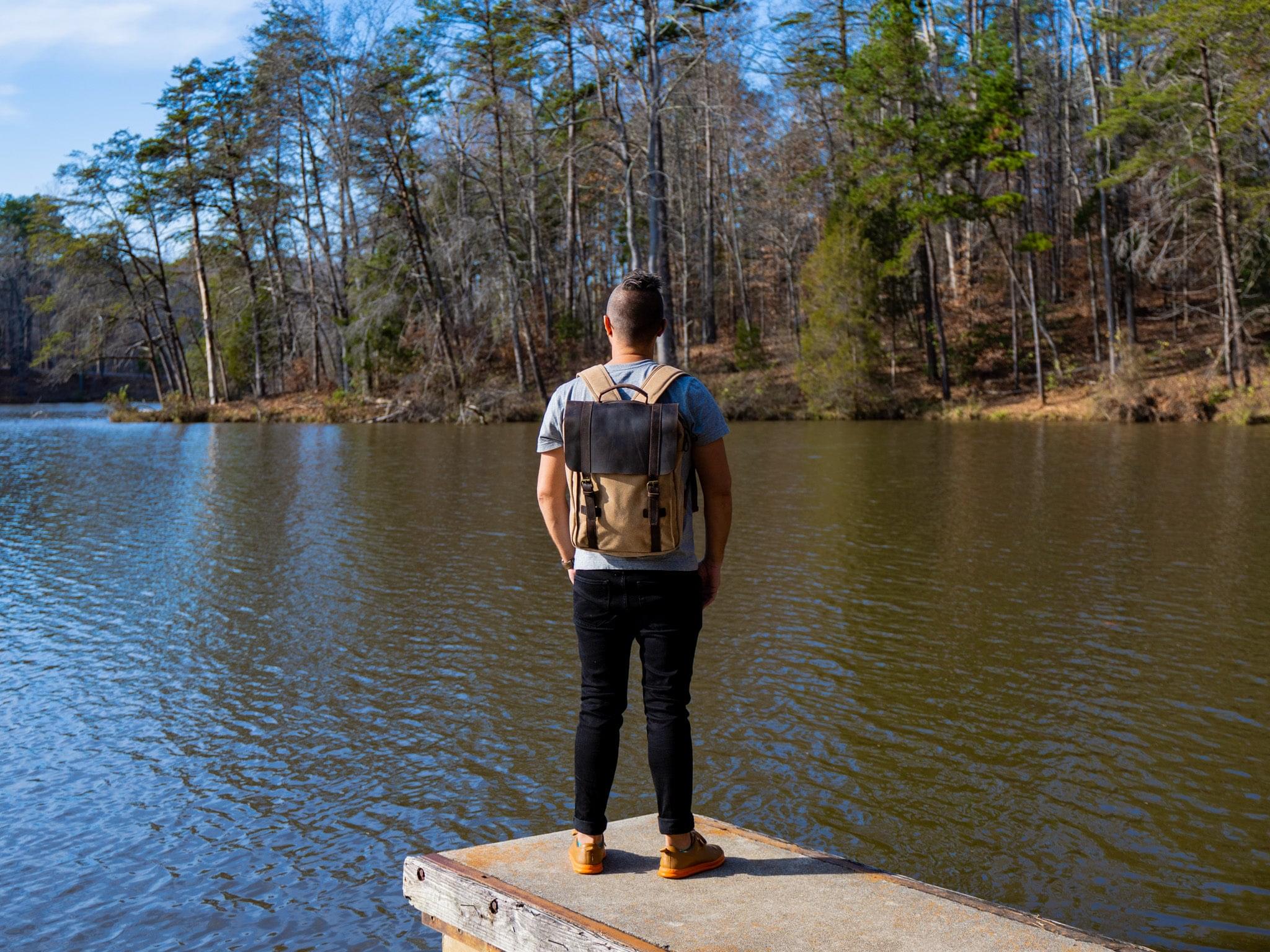 Men's Book Backpack Canvas and Leather - Camel - Image 3