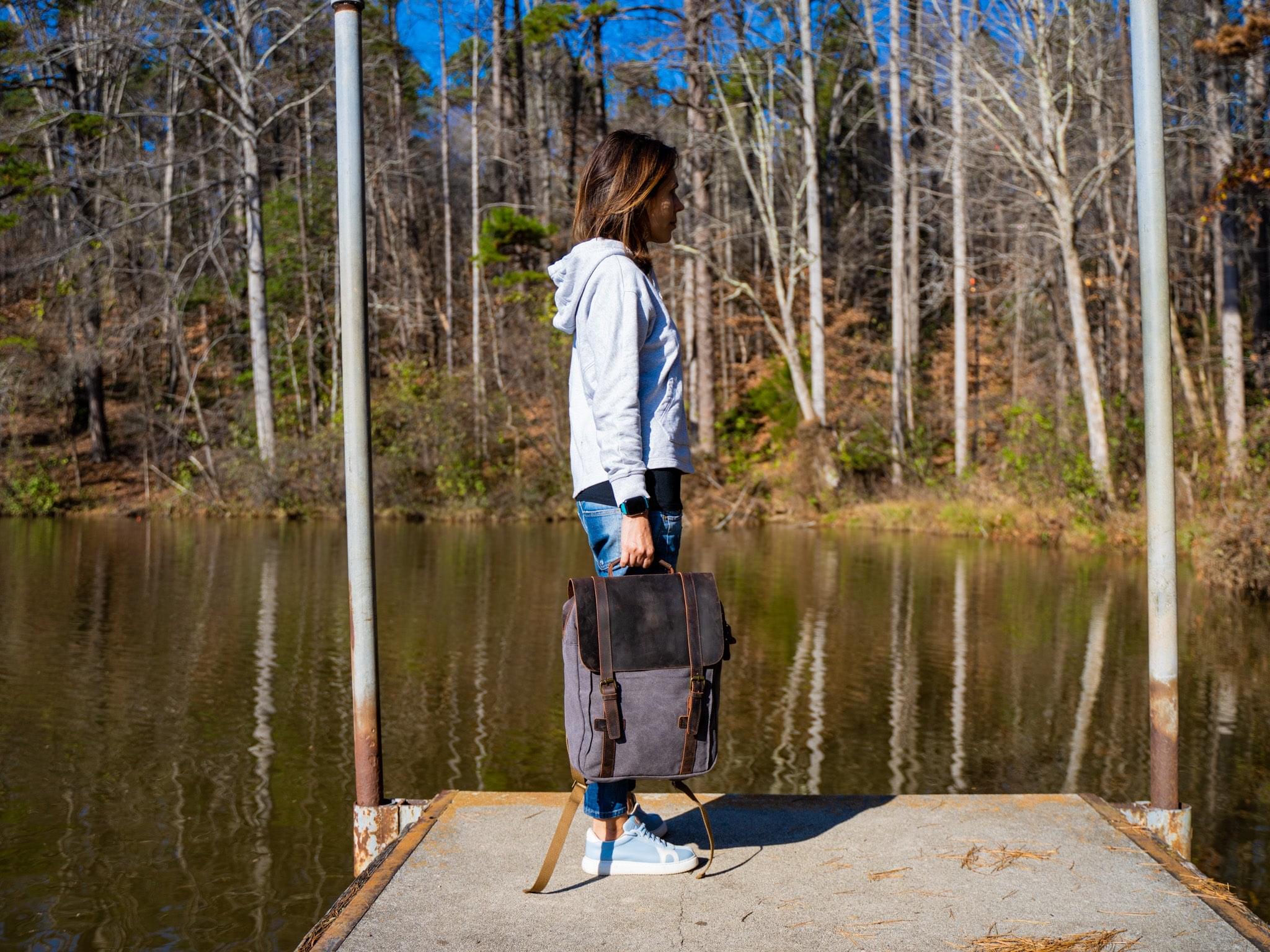 Women's Book Backpack Canvas and Leather - Charcoal - Image 3