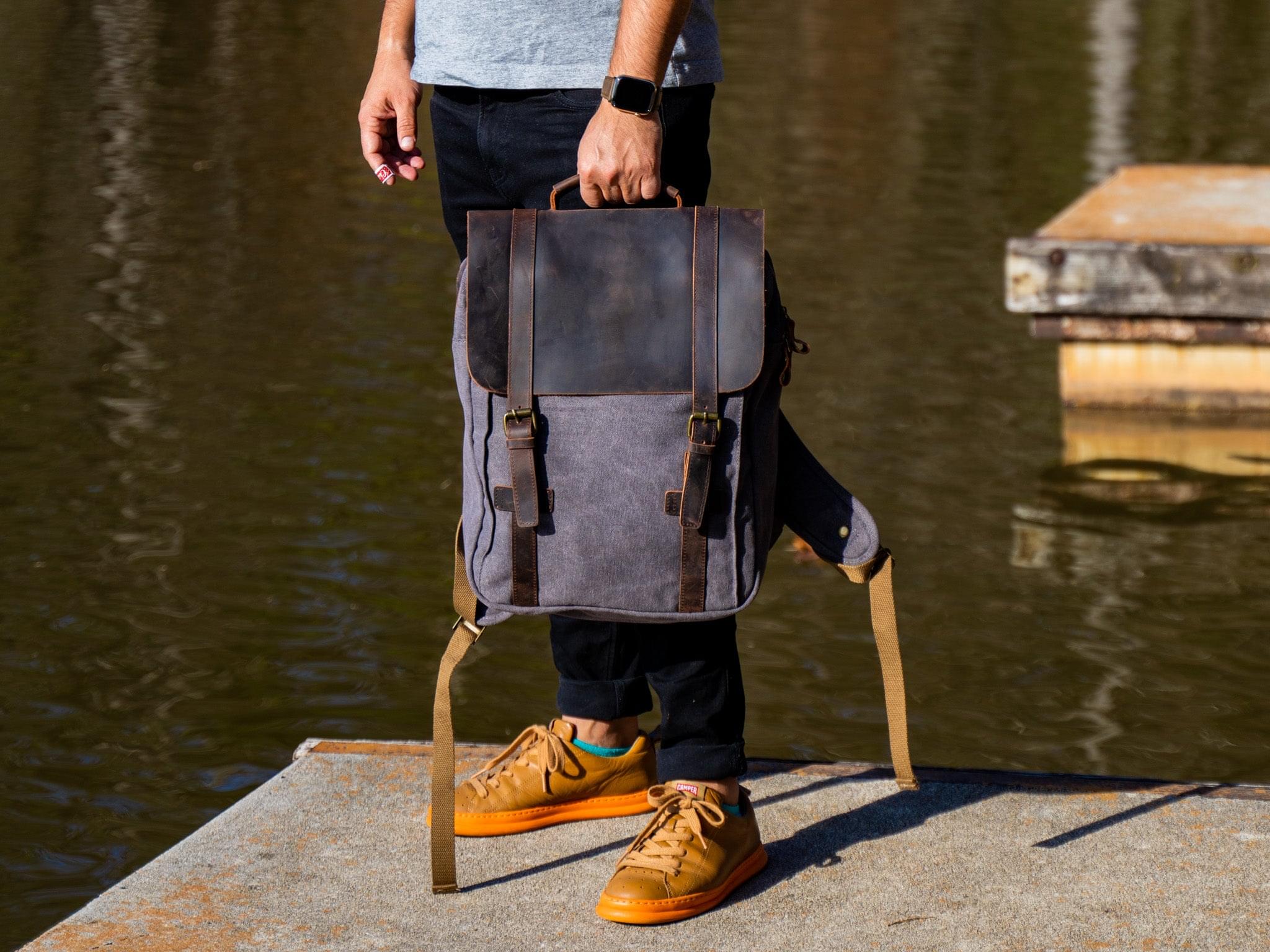 Men's Book Backpack Canvas and Leather - Charcoal - Image 2