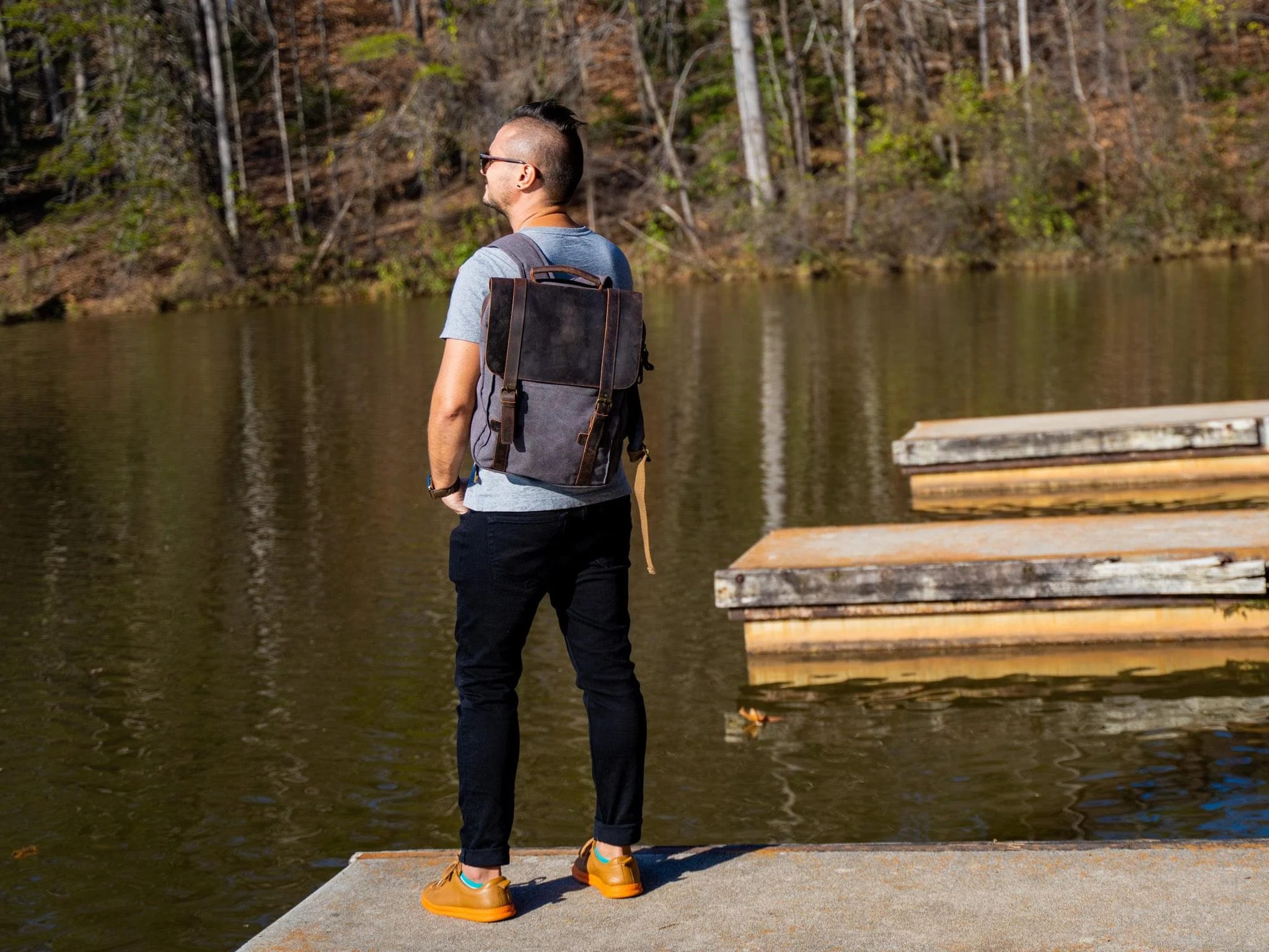 Men's Book Backpack Canvas and Leather - Charcoal - Image 3