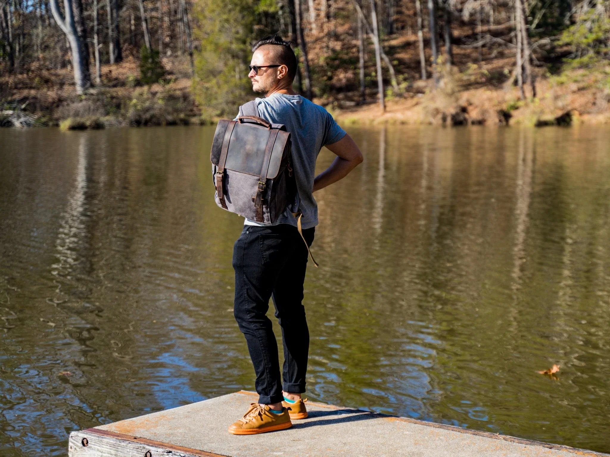 Men's Book Backpack Canvas and Leather - Charcoal - Image 4