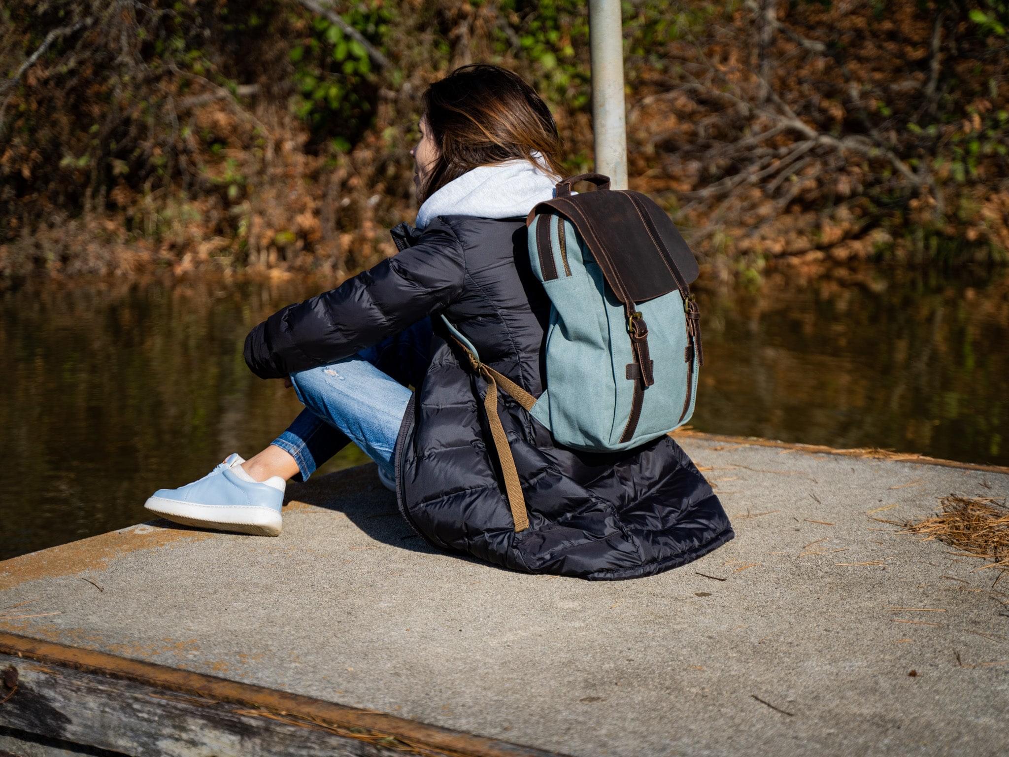 Women's Book Backpack Canvas and Leather - Teal - Image 4