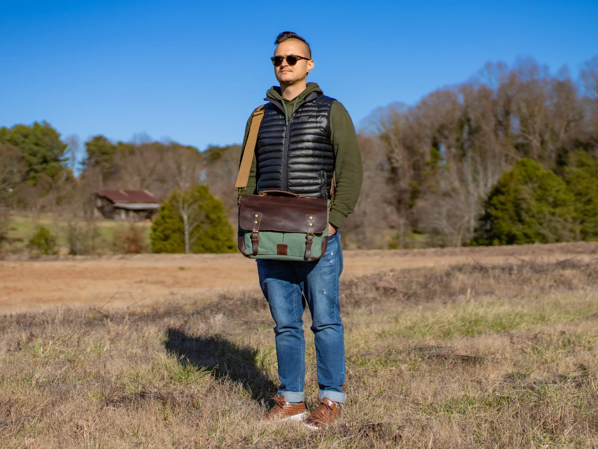 Canvas and Leather Cross Body Bag York - Teal - Image 3