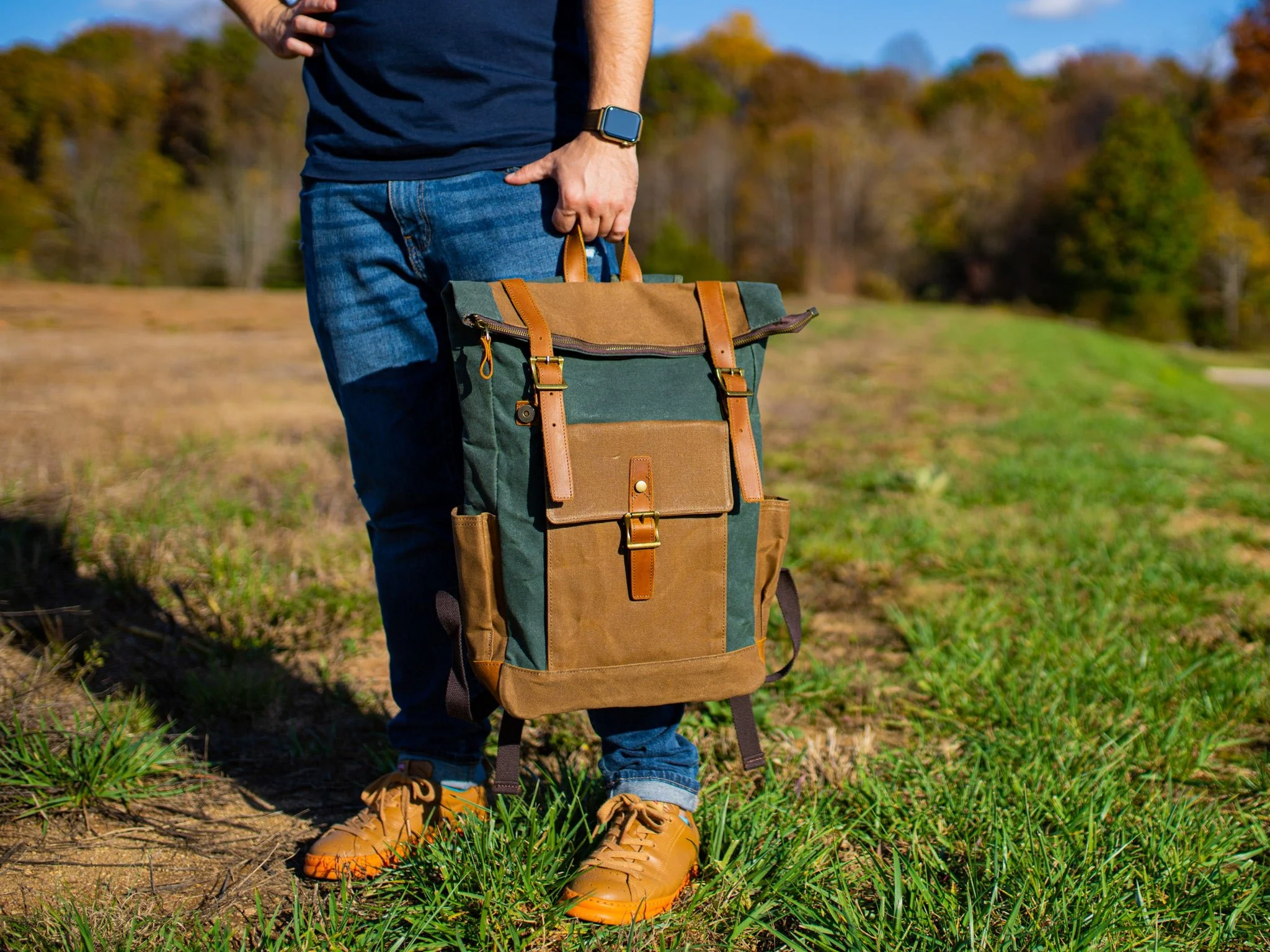 Canvas and Leather Zipper Roll Top Backpack - Green
