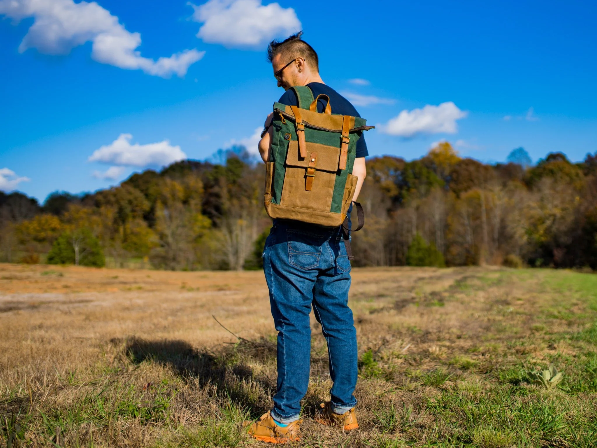 Canvas and Leather Zipper Roll Top Backpack - Green - Image 2