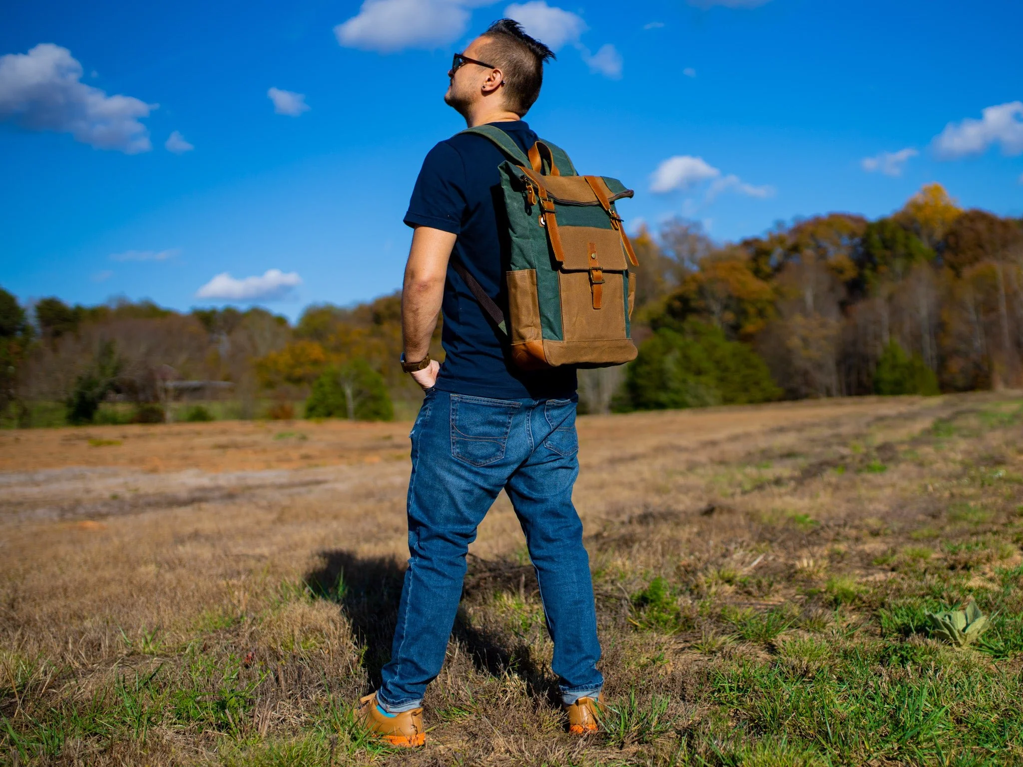 Canvas and Leather Zipper Roll Top Backpack - Green - Image 3