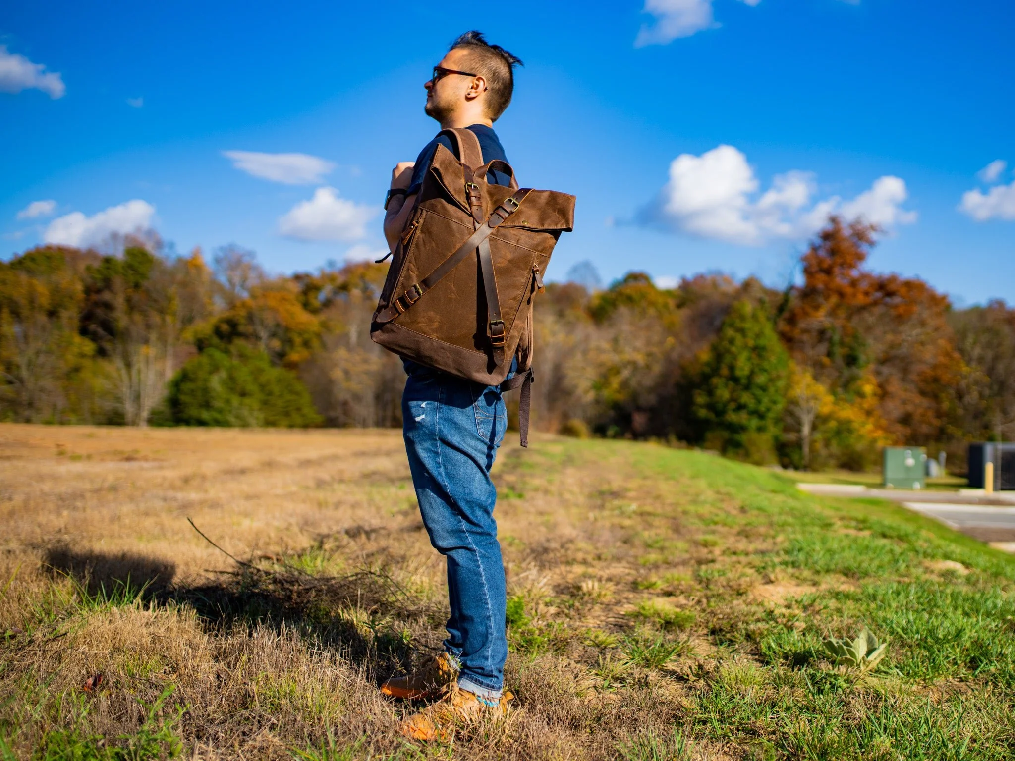 Canvas and Leather Cross Straps Backpack - Brown