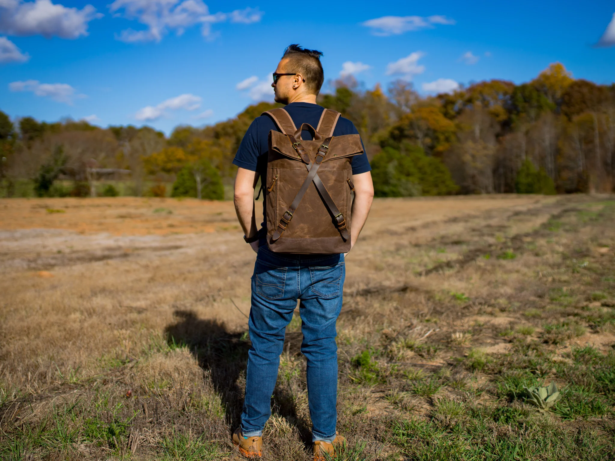 Canvas and Leather Cross Straps Backpack - Brown - Image 2