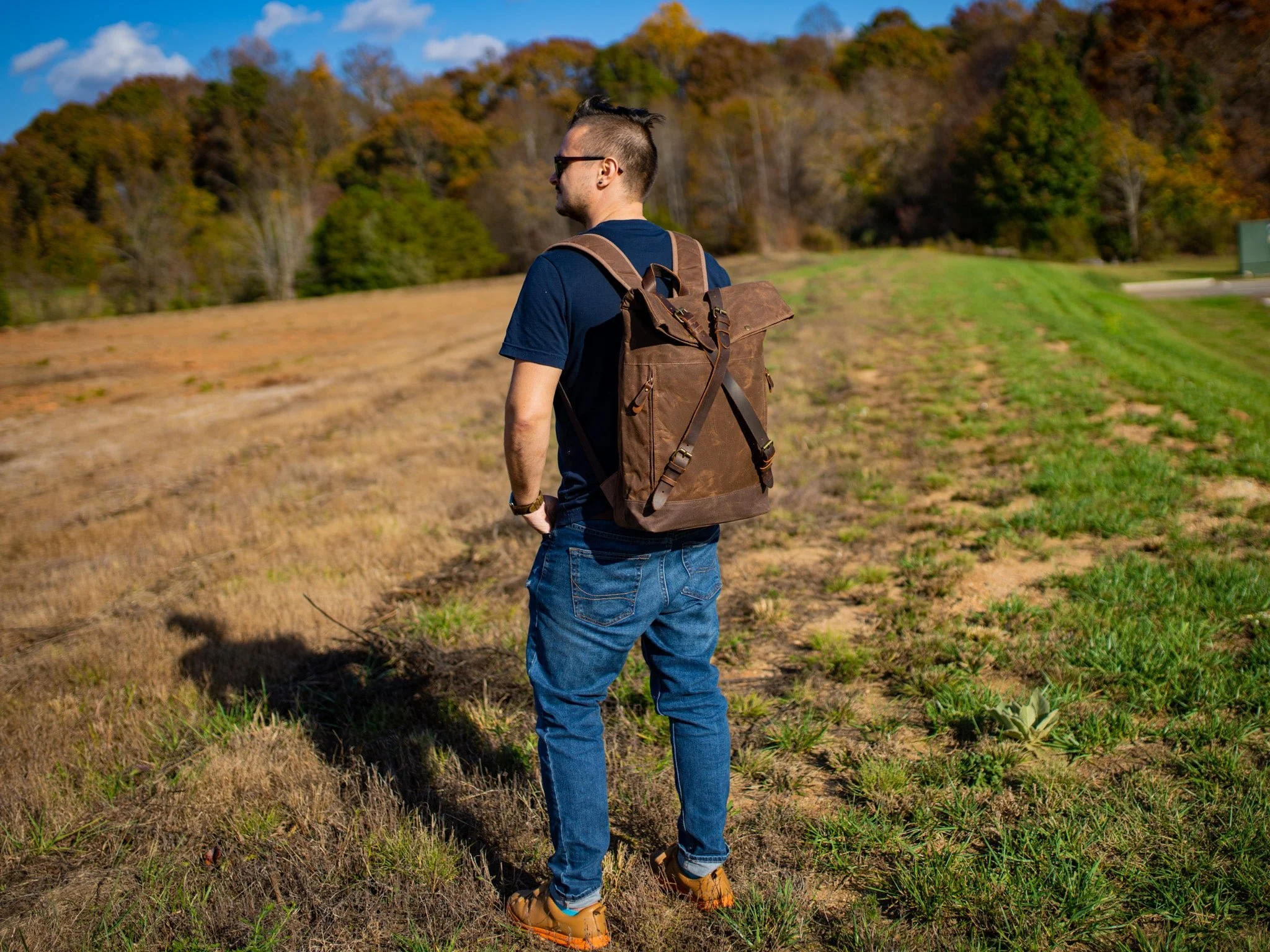 Canvas and Leather Cross Straps Backpack - Brown - Image 3
