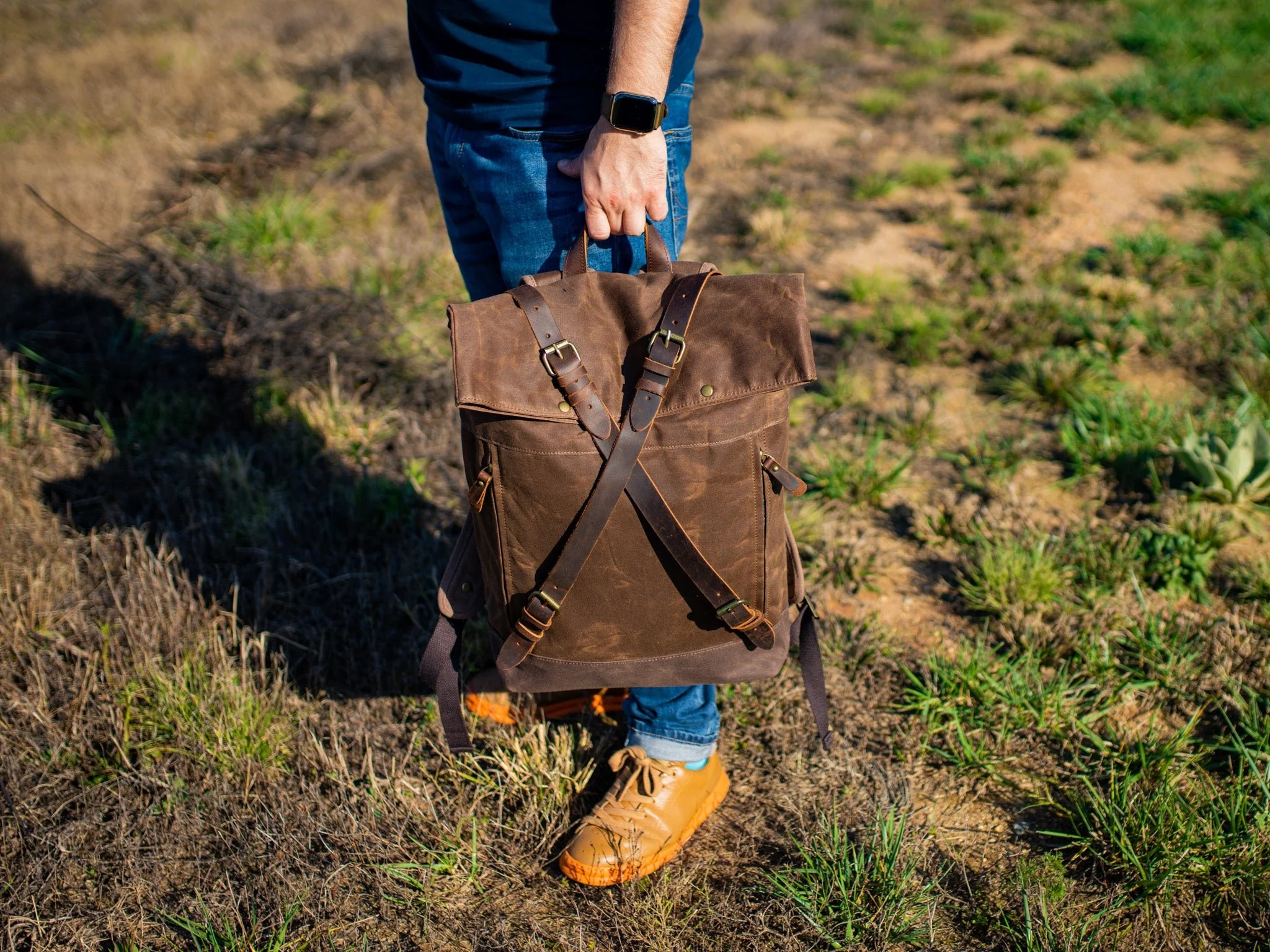 Canvas and Leather Cross Straps Backpack - Brown - Image 4
