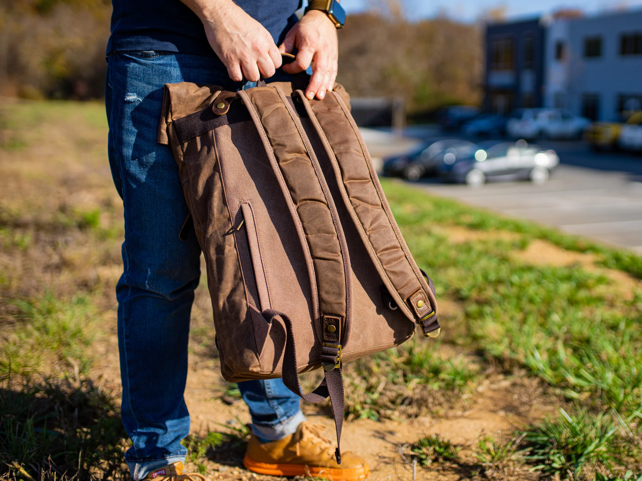 Canvas and Leather Cross Straps Backpack - Brown - Image 5