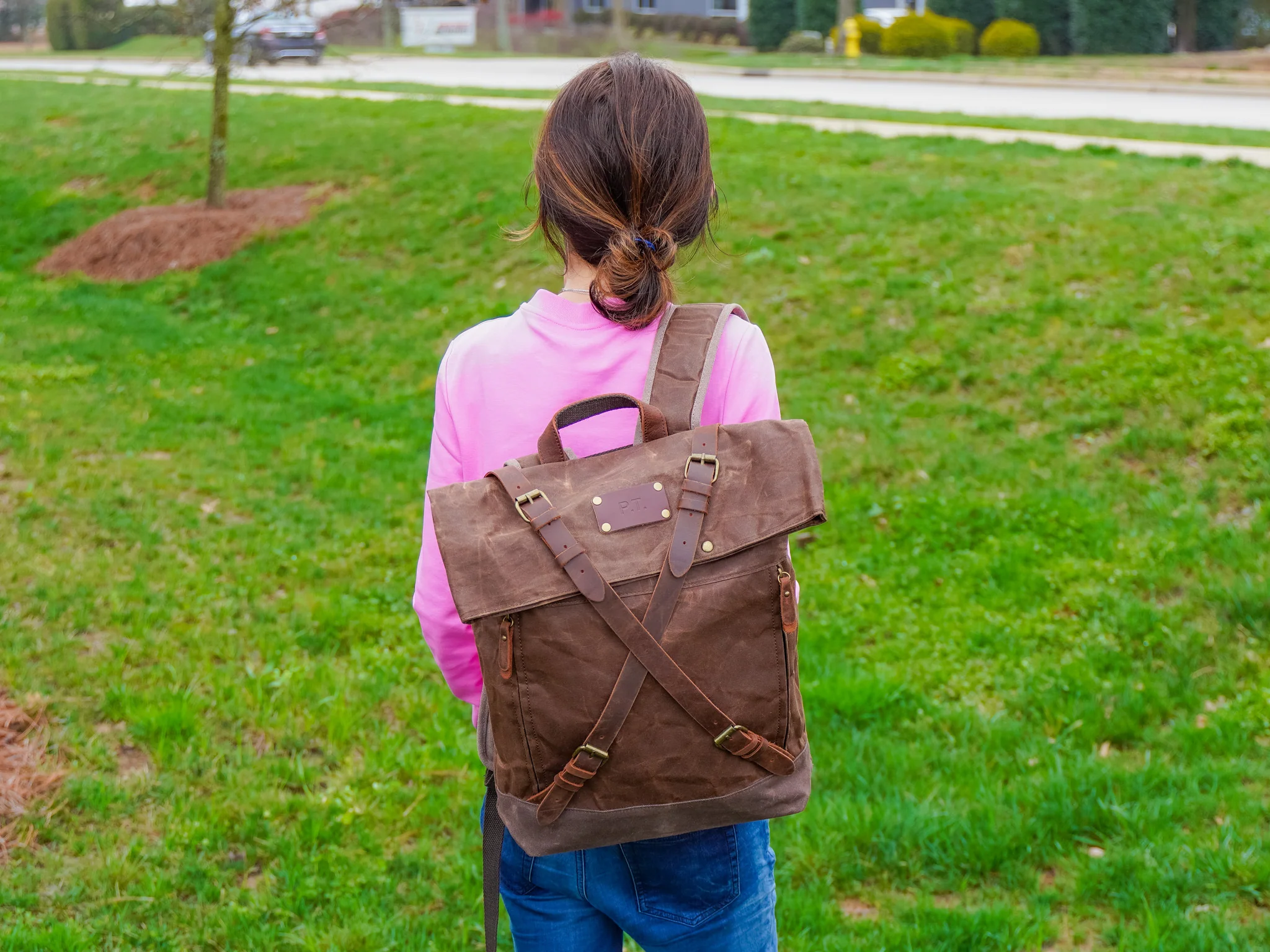 Canvas and Leather Cross Straps Backpack - Brown - Image 8
