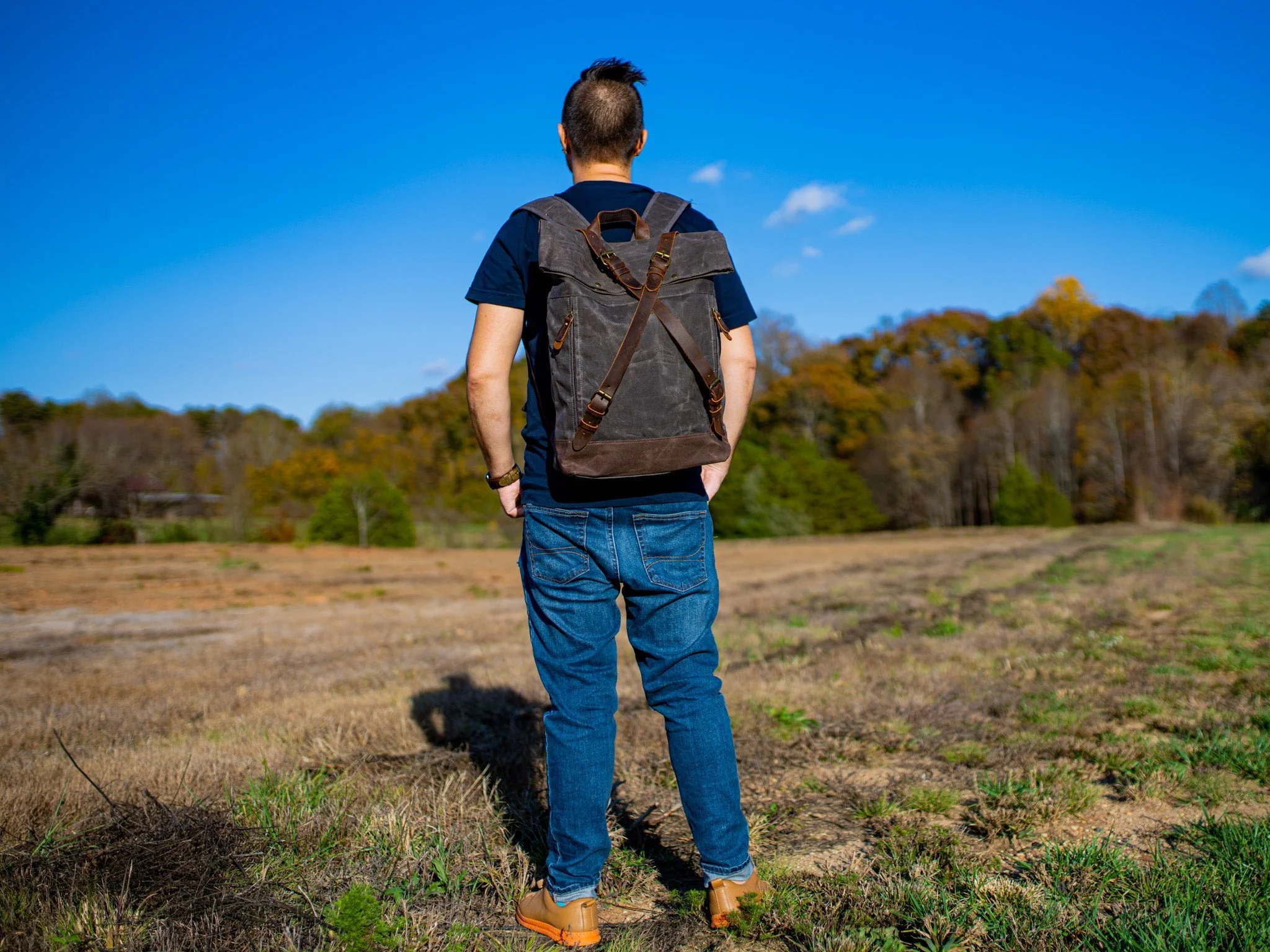 Canvas and Leather Cross Straps Backpack - Charcoal