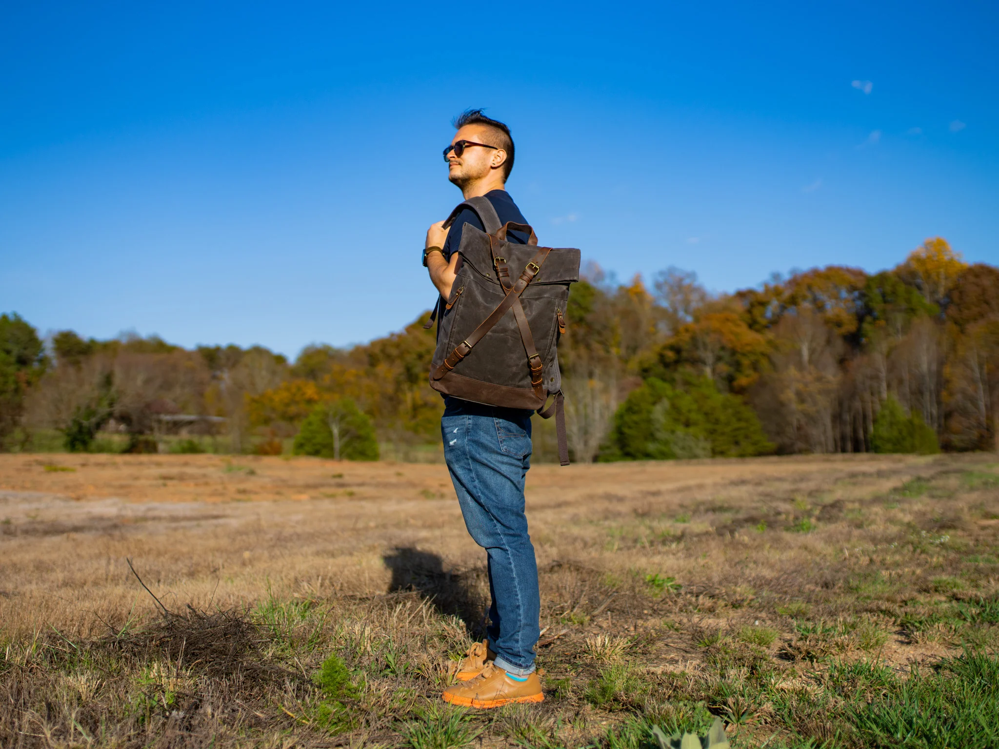 Canvas and Leather Cross Straps Backpack - Charcoal - Image 2