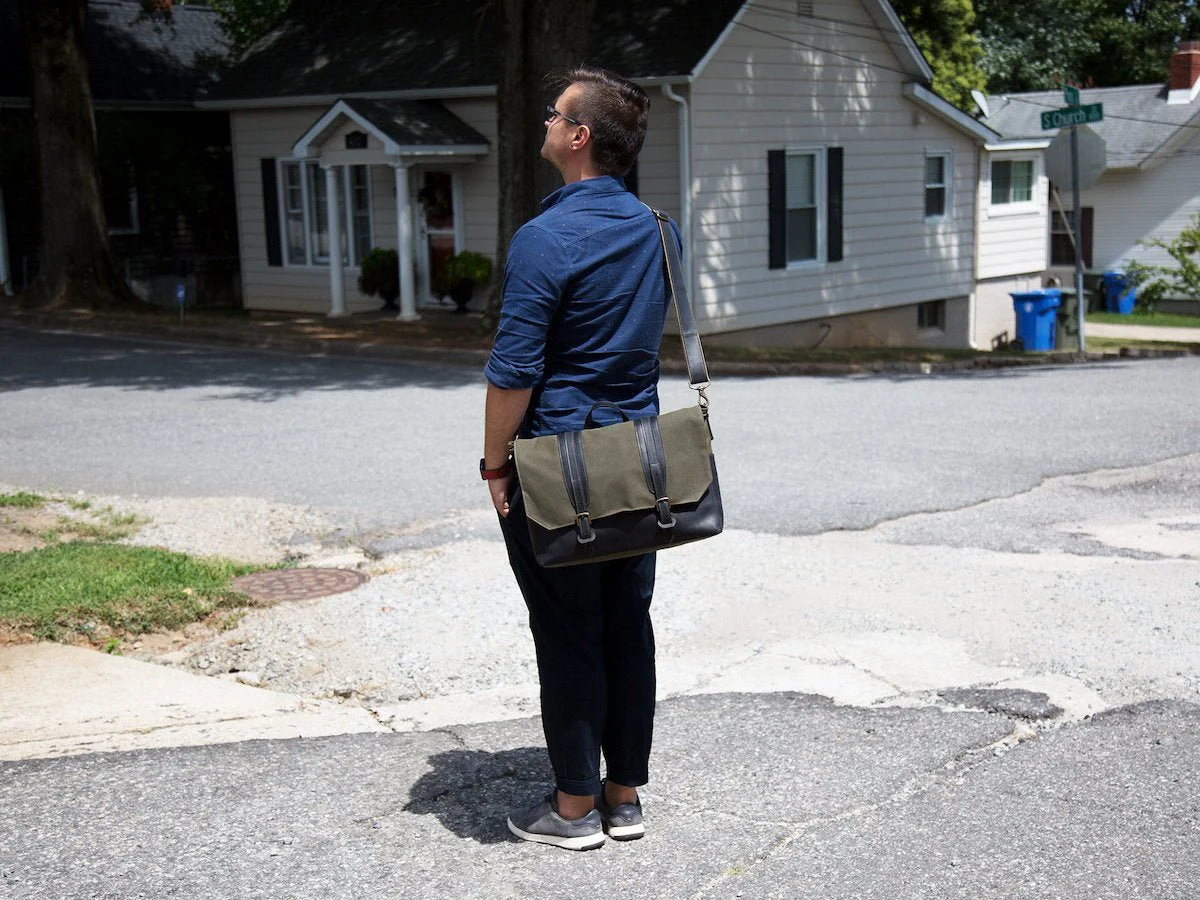 Canvas and Leather Messenger Bag - Black - Image 3