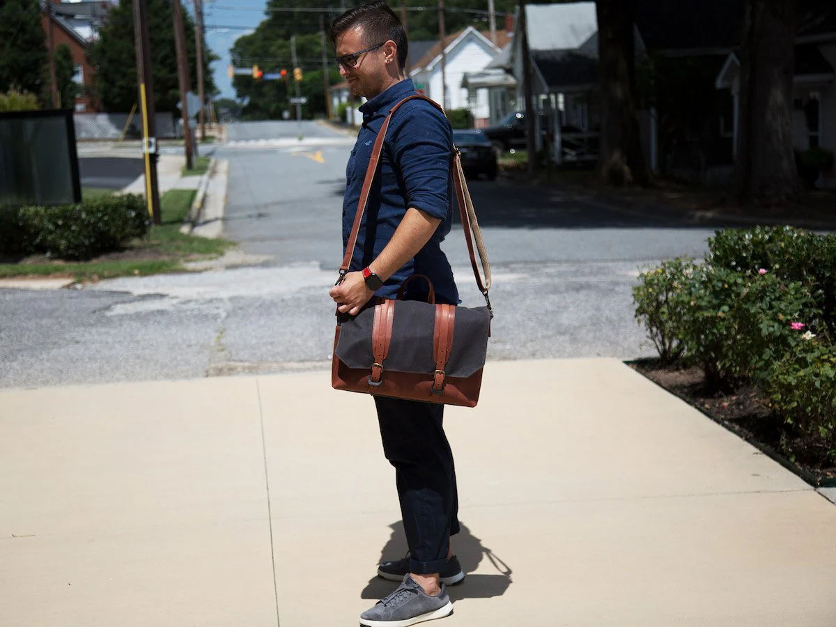 Canvas and Leather Messenger Bag - Chocolate - Image 2
