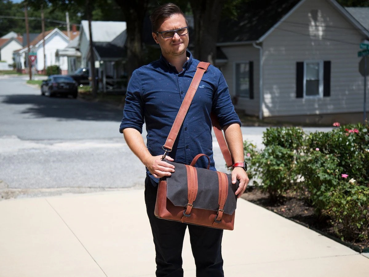 Canvas and Leather Messenger Bag - Chocolate - Image 3