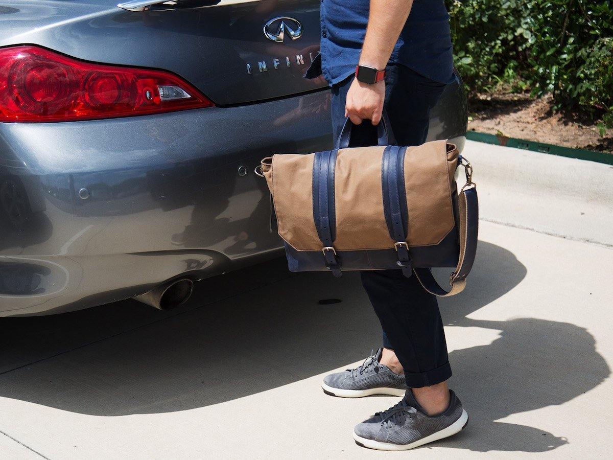 Canvas and Leather Messenger Bag - Navy - Image 6