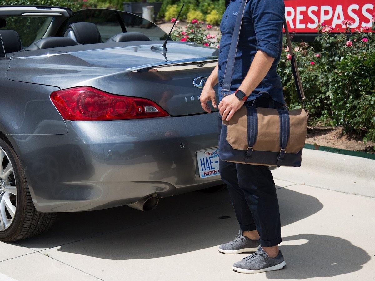 Canvas and Leather Messenger Bag - Navy - Image 7