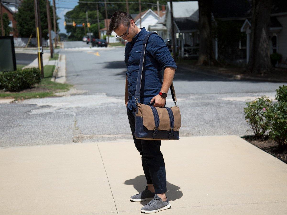 Canvas and Leather Messenger Bag - Navy - Image 9