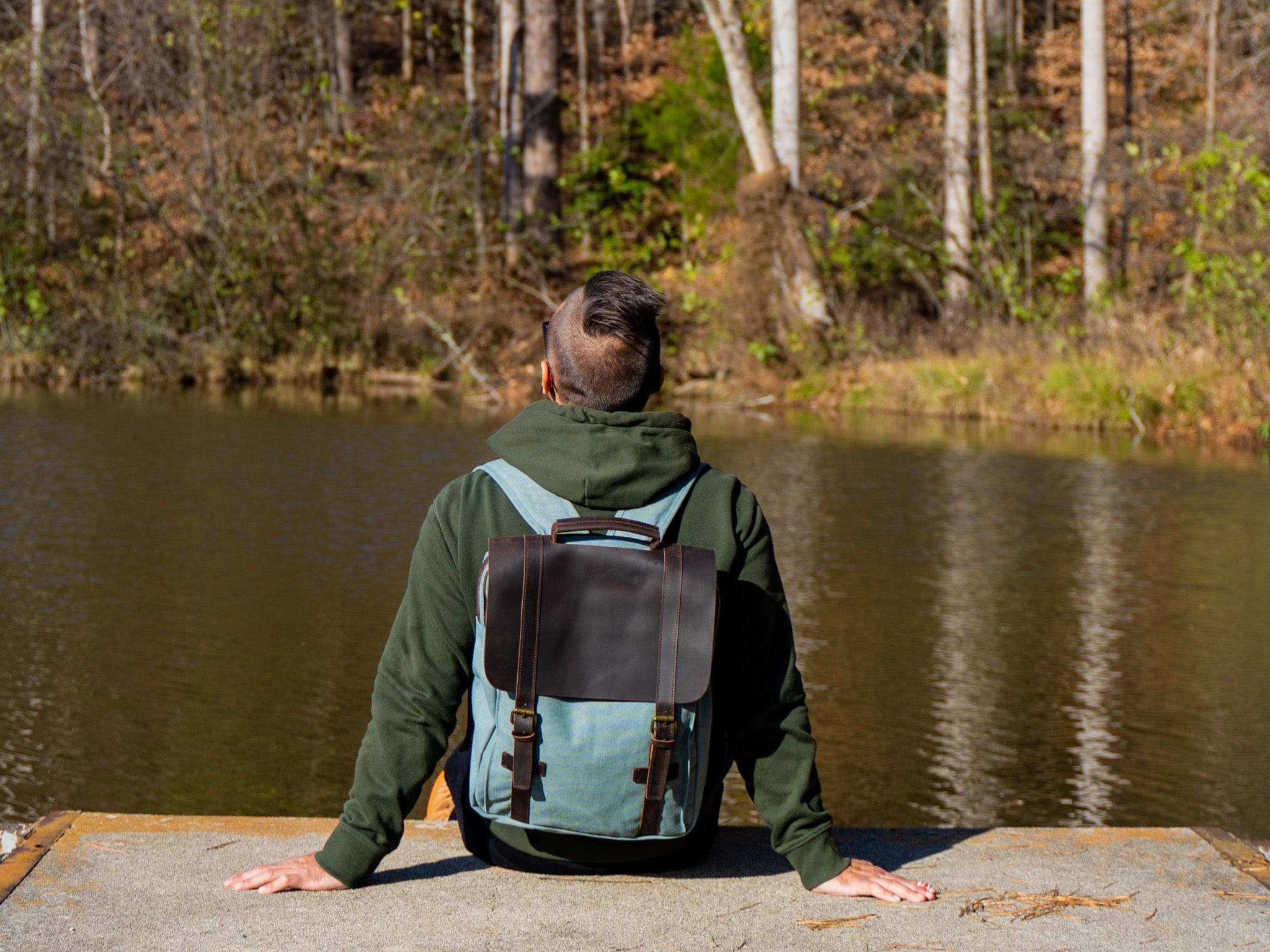 Men's Book Backpack Canvas and Leather - Teal - Image 2