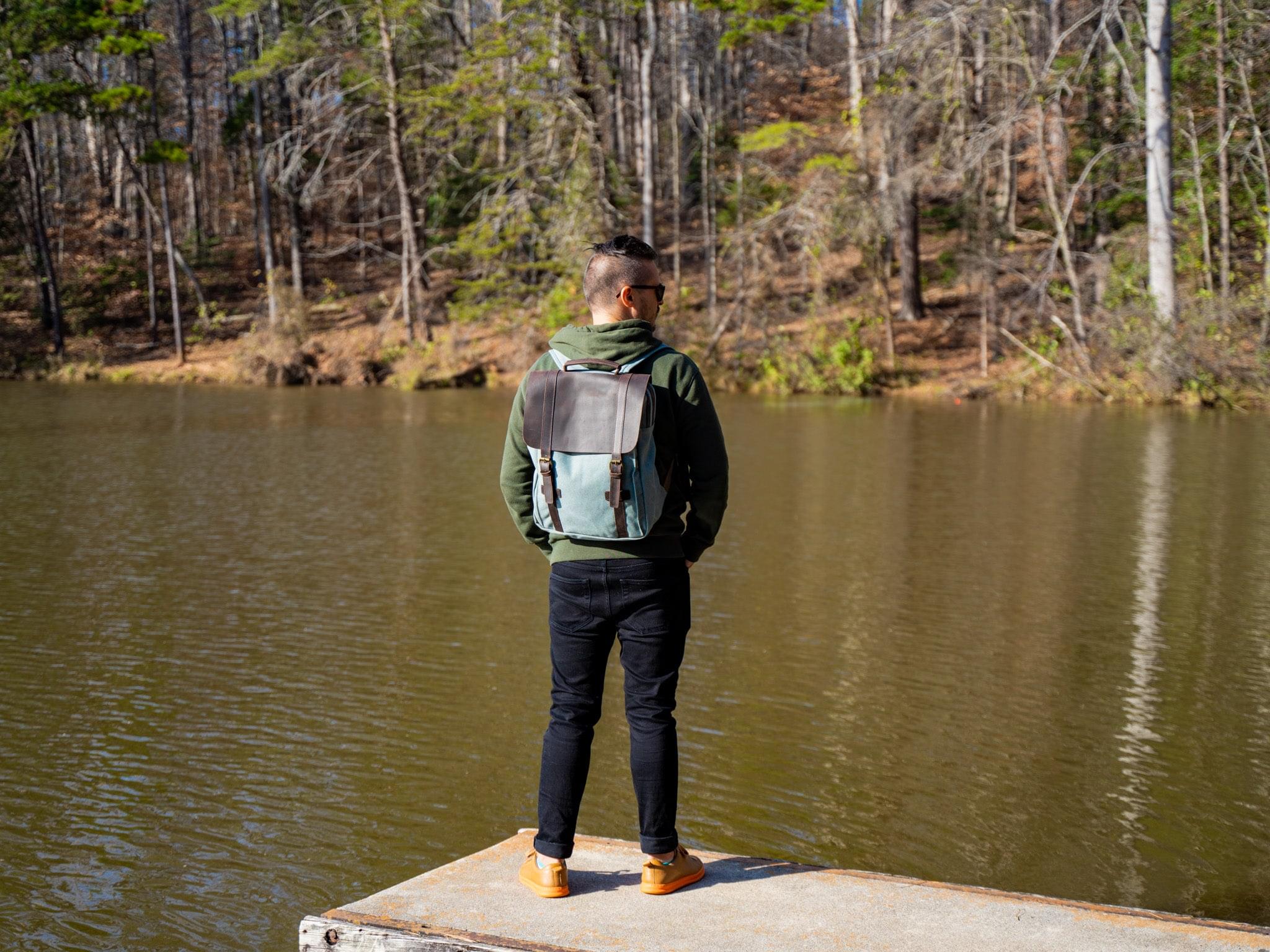 Men's Book Backpack Canvas and Leather - Teal - Image 3