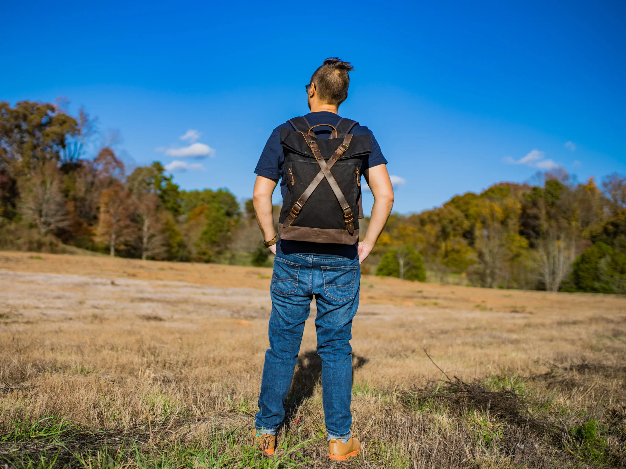 Canvas and Leather Cross Straps Backpack - Black - Image 2