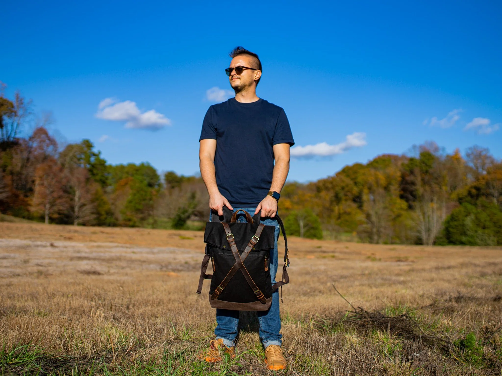 Canvas and Leather Cross Straps Backpack - Black - Image 3