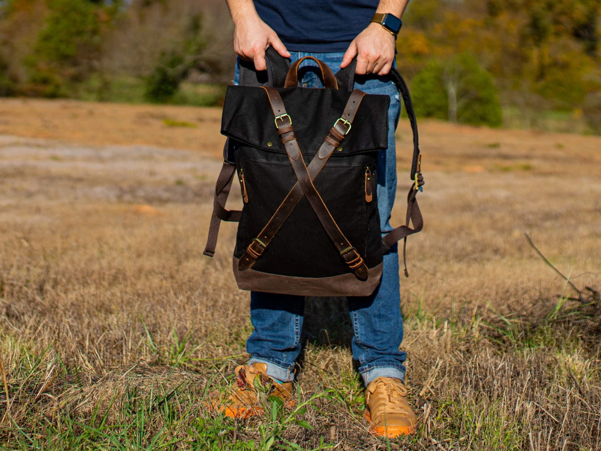 Canvas and Leather Cross Straps Backpack - Black - Image 4