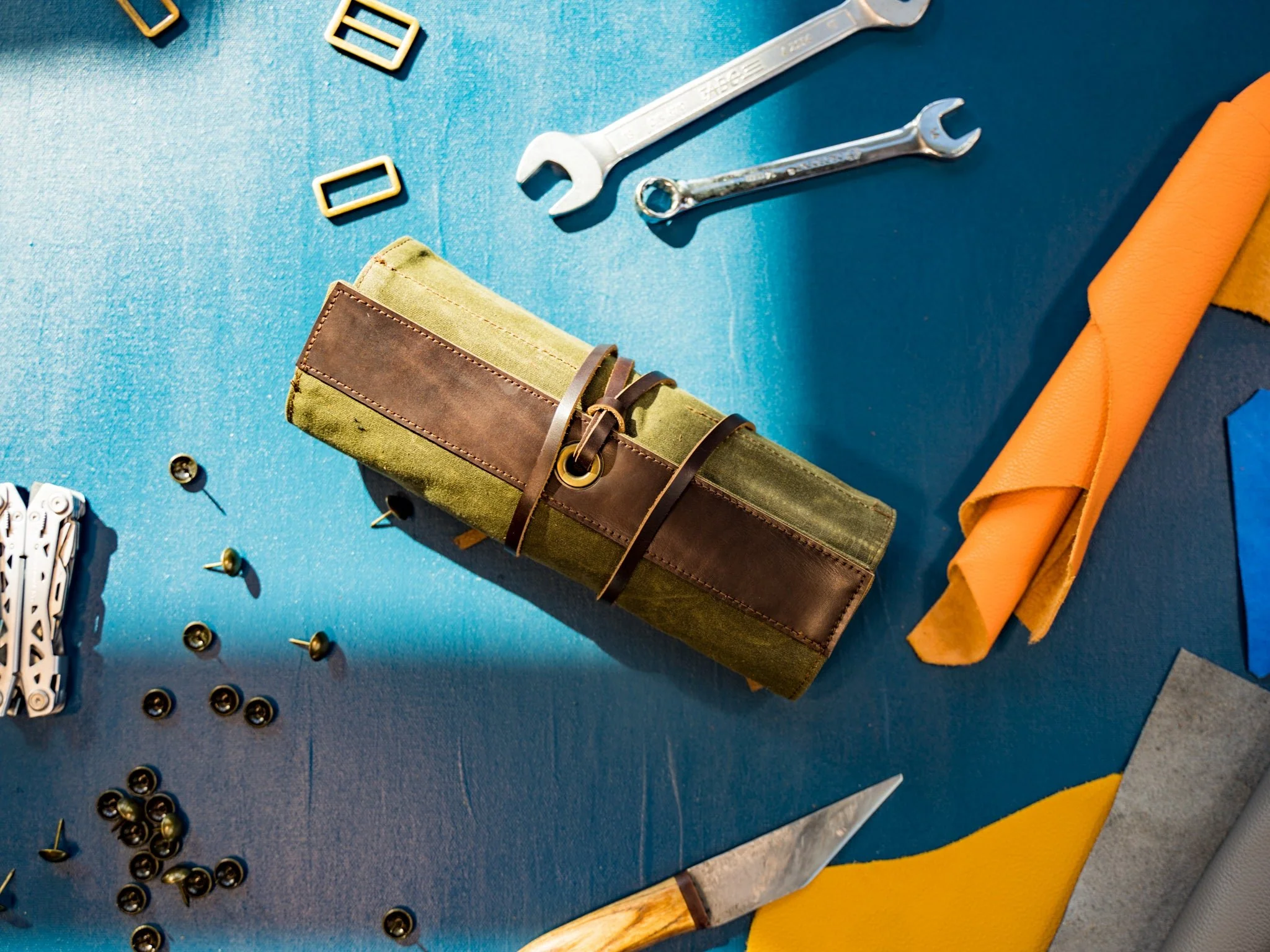 Waxed Canvas and Leather Tool Roll - Green - Image 2