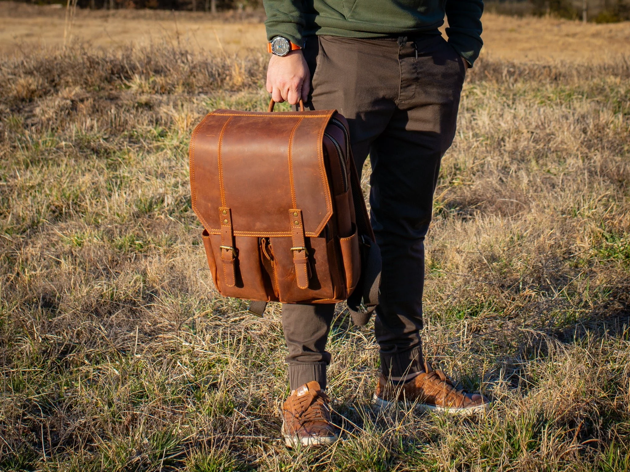 Crazy Horse Leather Backpack Voyager - Ginger - Image 4