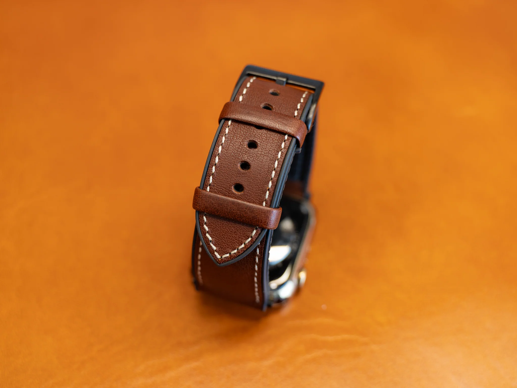 Italian Leather Apple Watch Band with Rubber Backing - Chestnut - Image 2