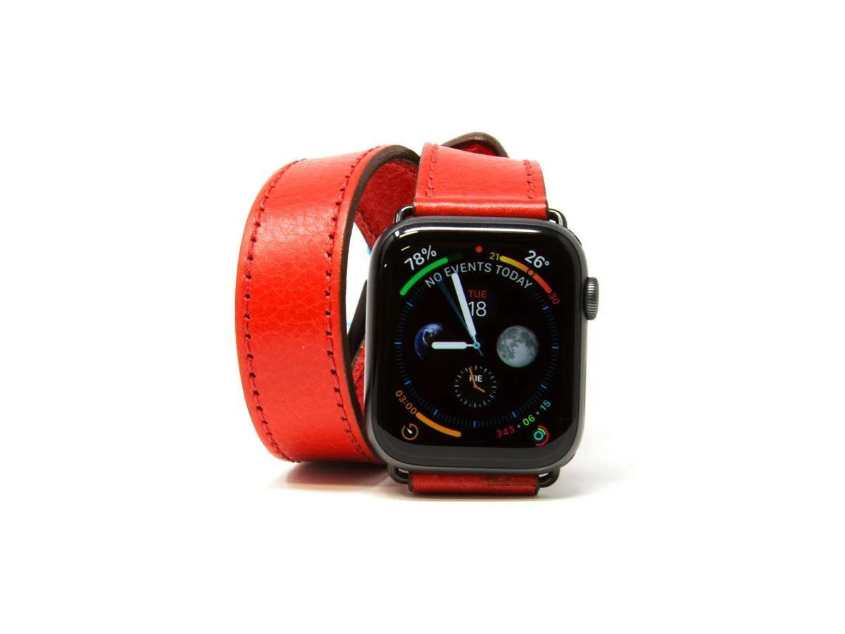Italian Leather Double Wrap Apple Watch Band - Red - Image 2