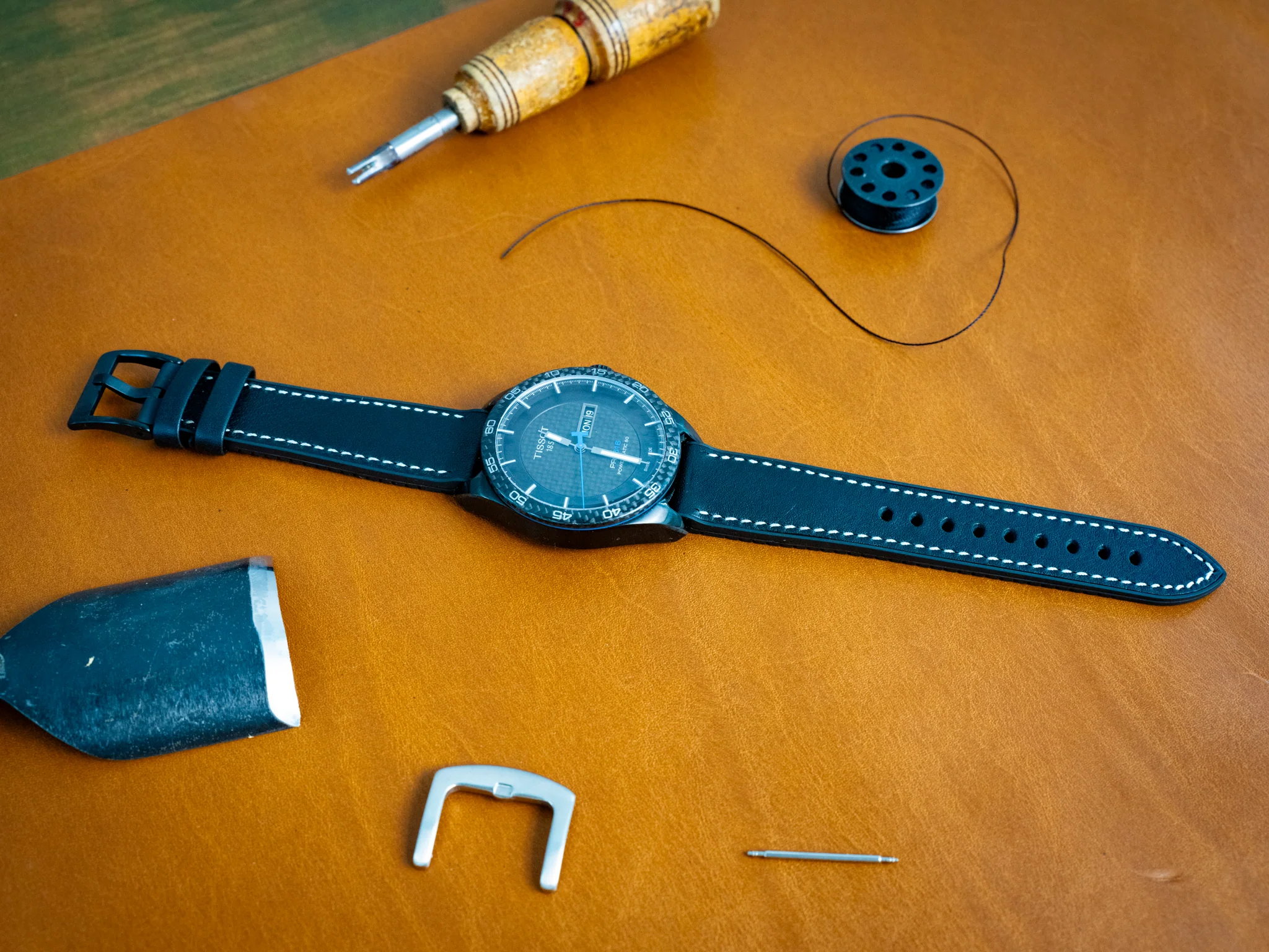 Italian Leather Watch Band with Rubber Backing - Black - Image 2