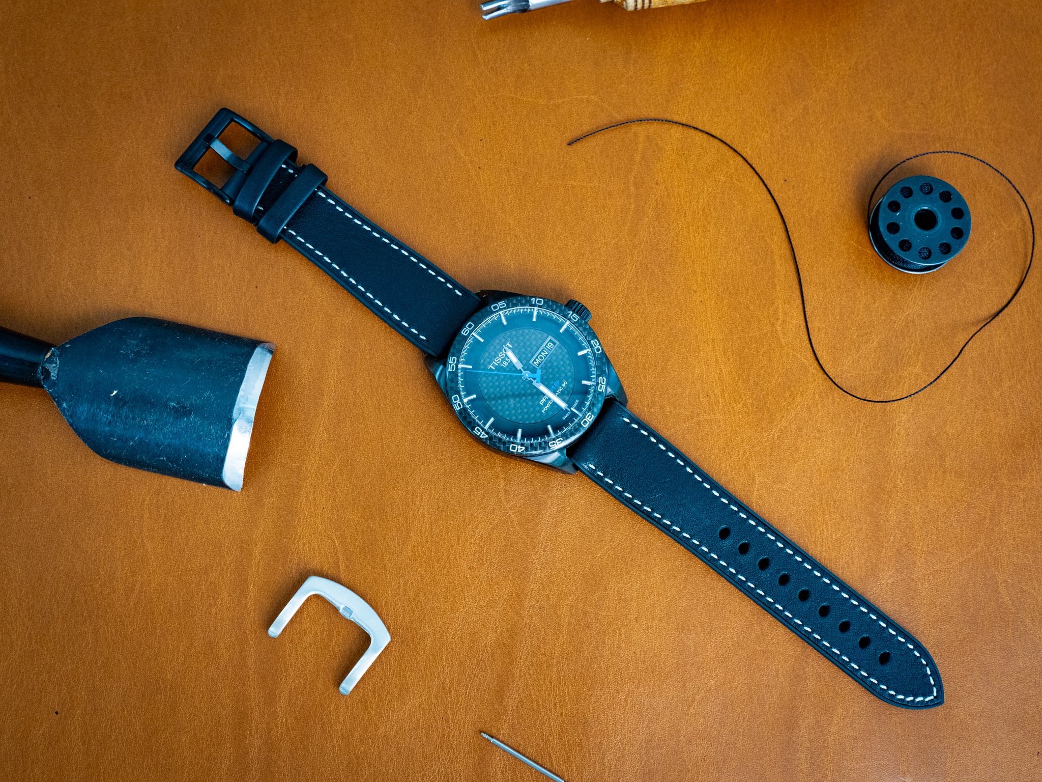 Italian Leather Watch Band with Rubber Backing - Black - Image 4