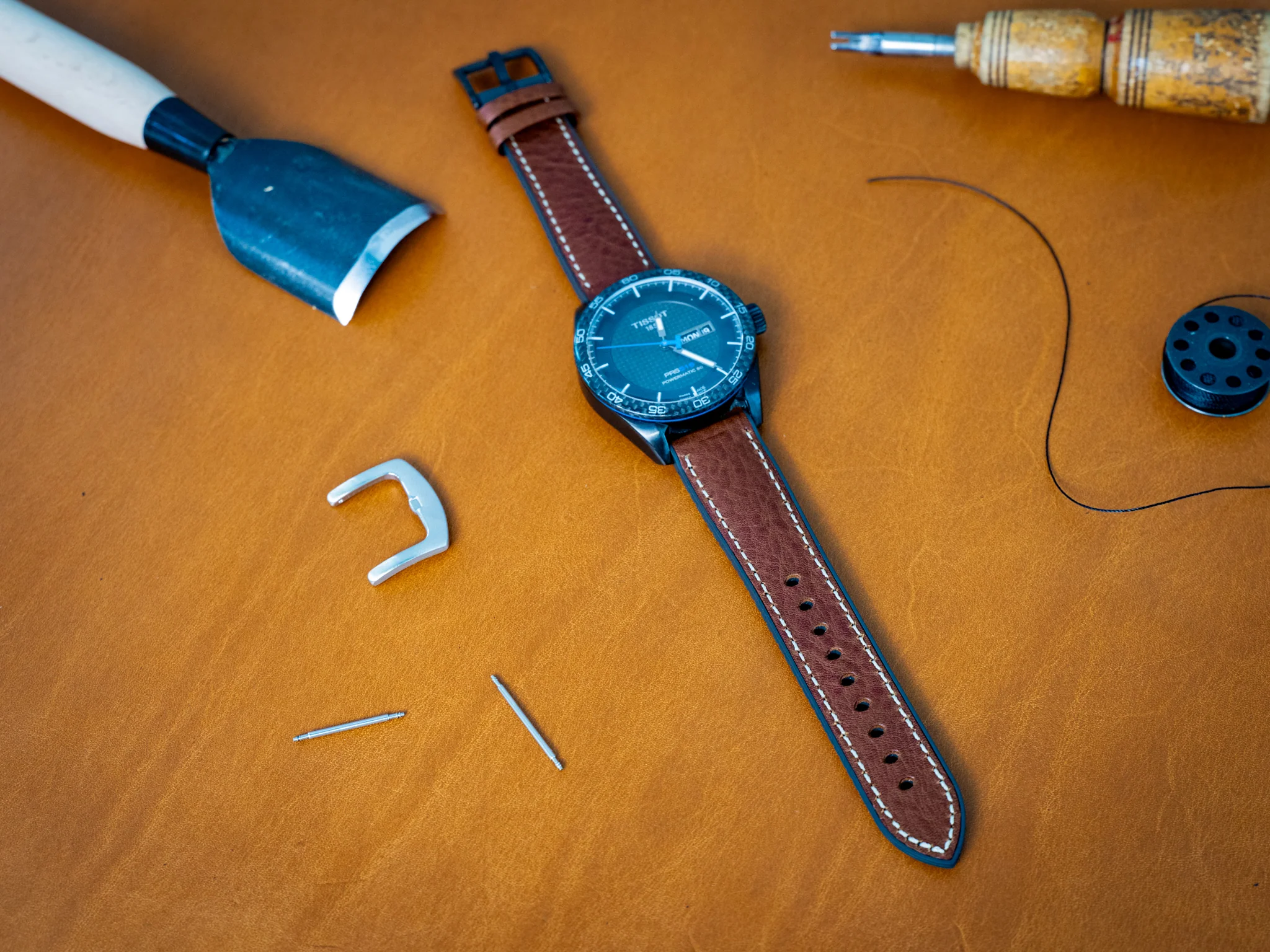 Italian Leather Watch Band with Rubber Backing - Chestnut - Image 2