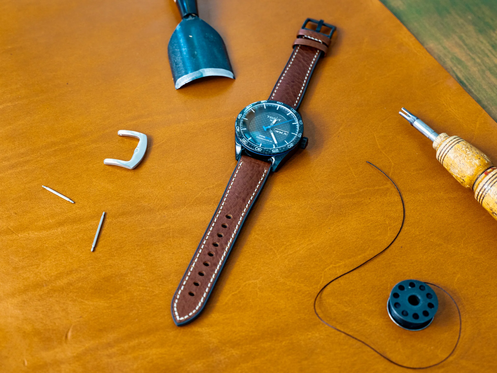 Italian Leather Watch Band with Rubber Backing - Chestnut - Image 3
