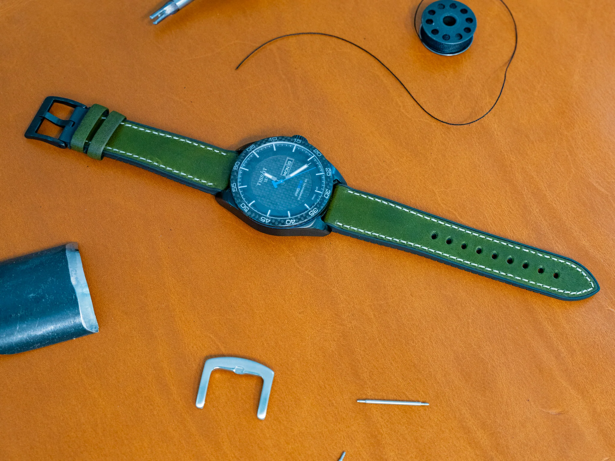 Italian Leather Watch Band with Rubber Backing - Green - Image 2