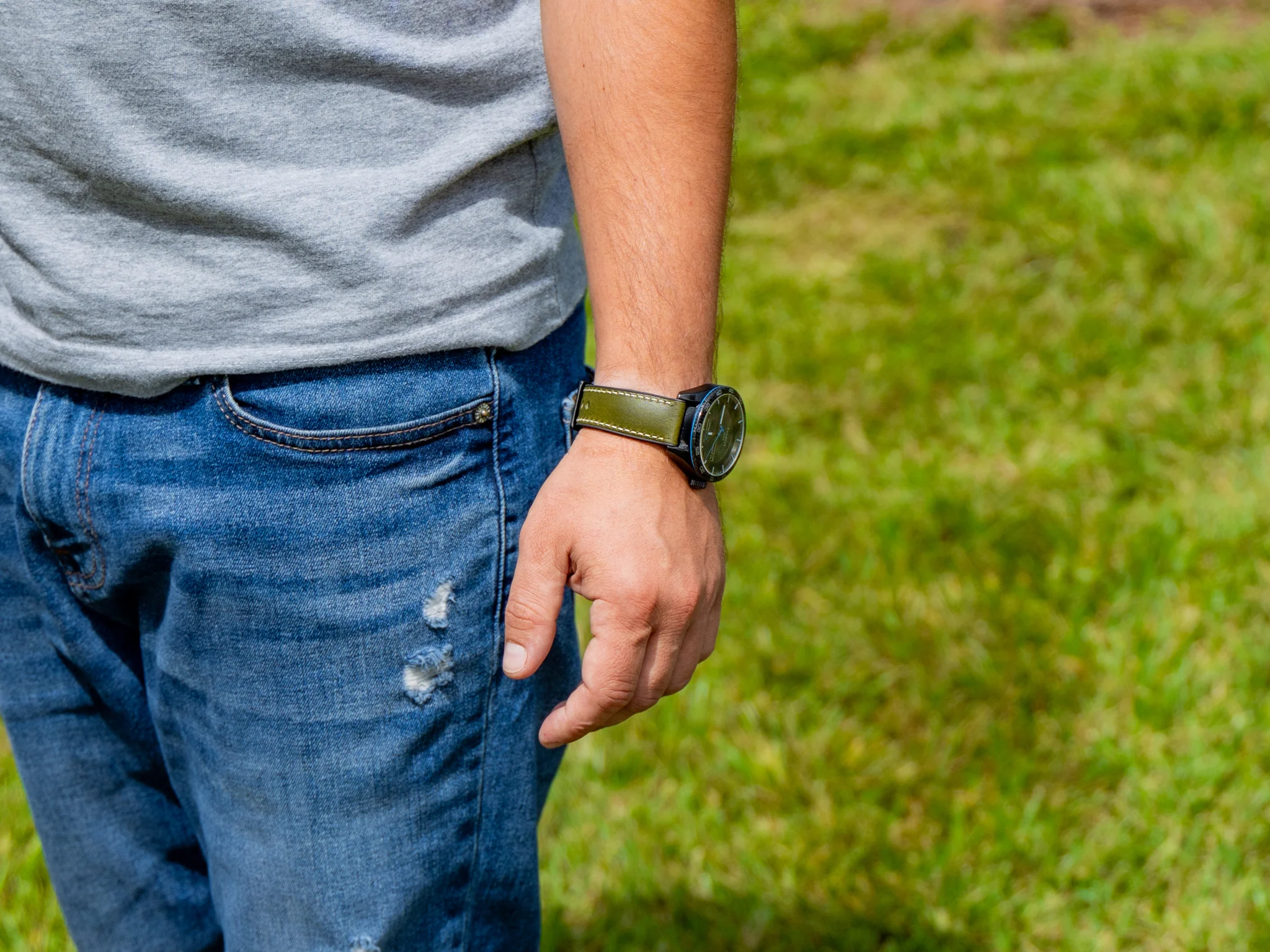 Italian Leather Watch Band with Rubber Backing - Green - Image 3