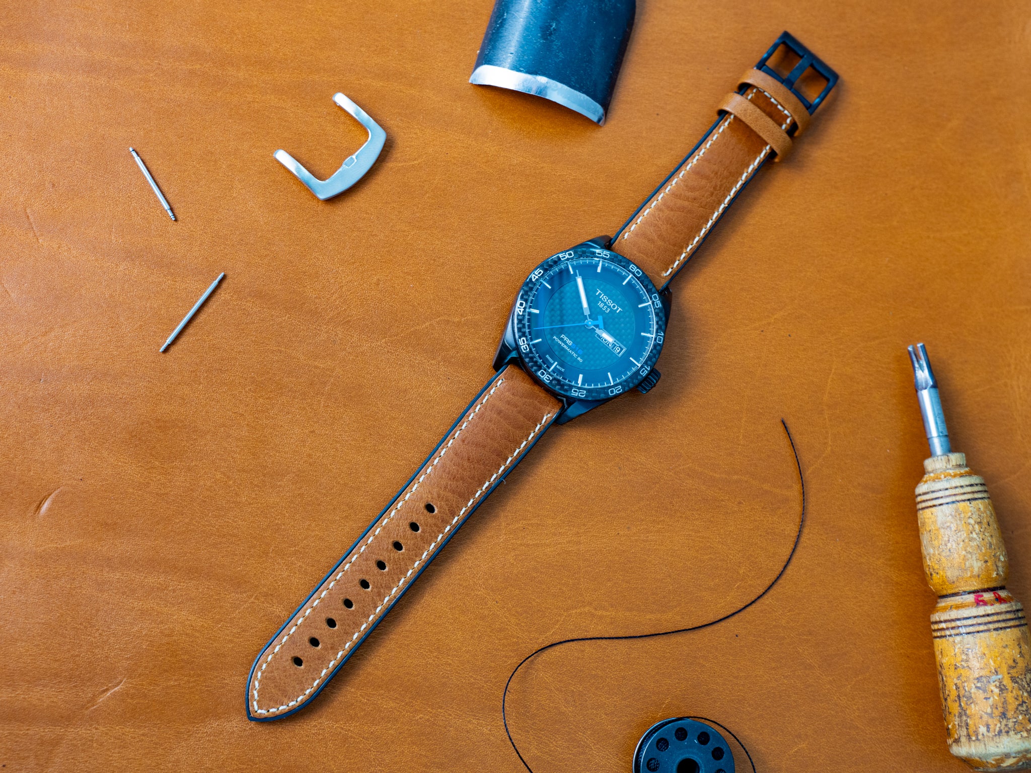 Italian Leather Watch Band with Rubber Backing - Natural