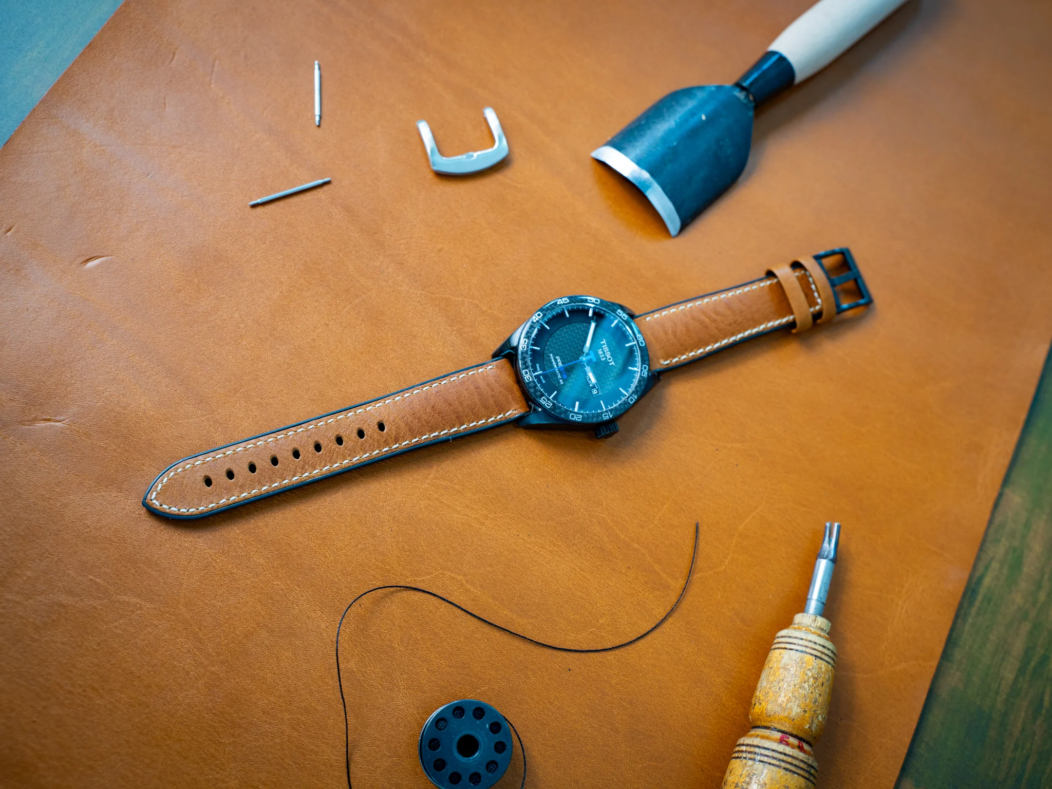 Italian Leather Watch Band with Rubber Backing - Natural - Image 2