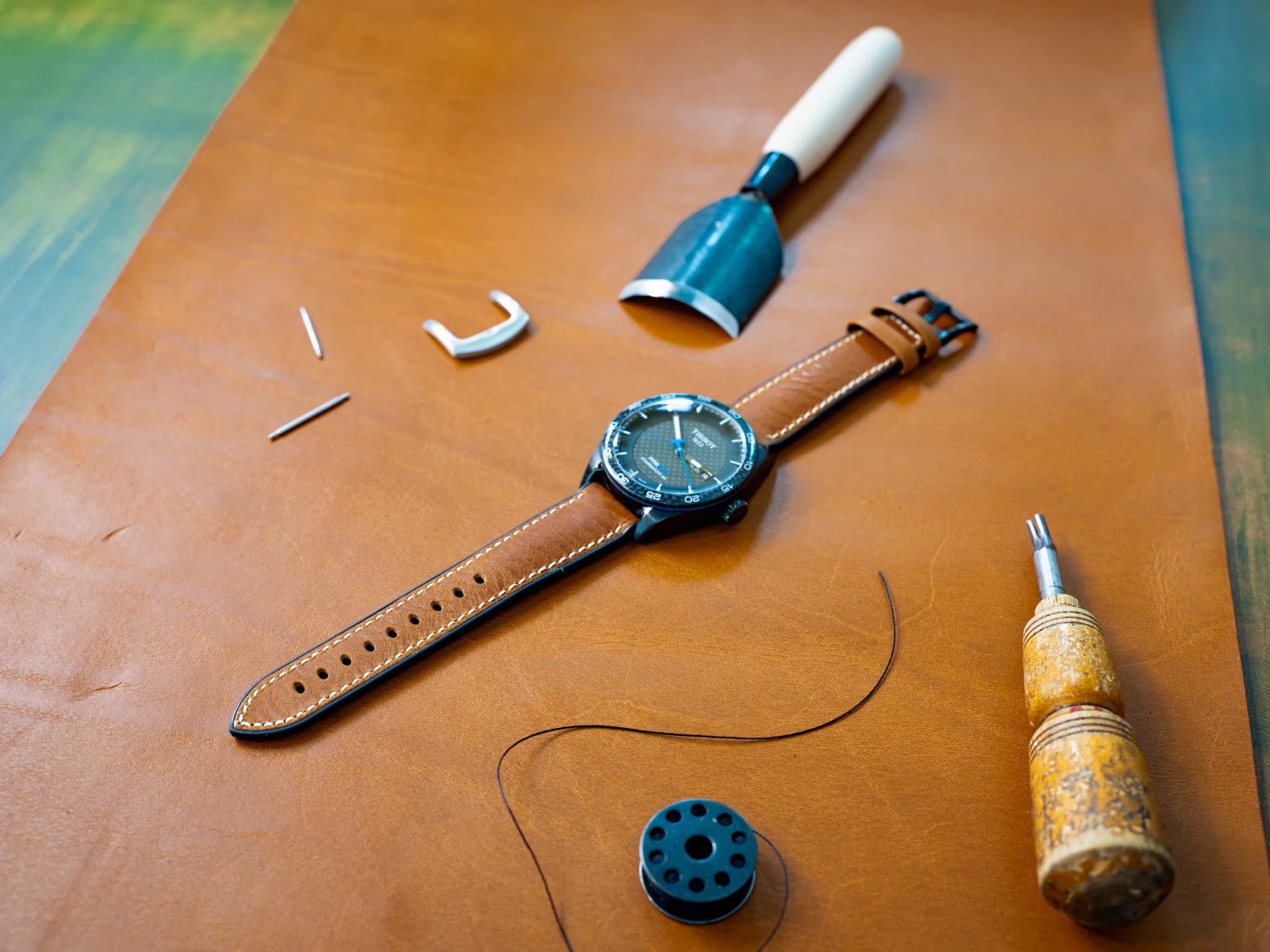 Italian Leather Watch Band with Rubber Backing - Natural - Image 3