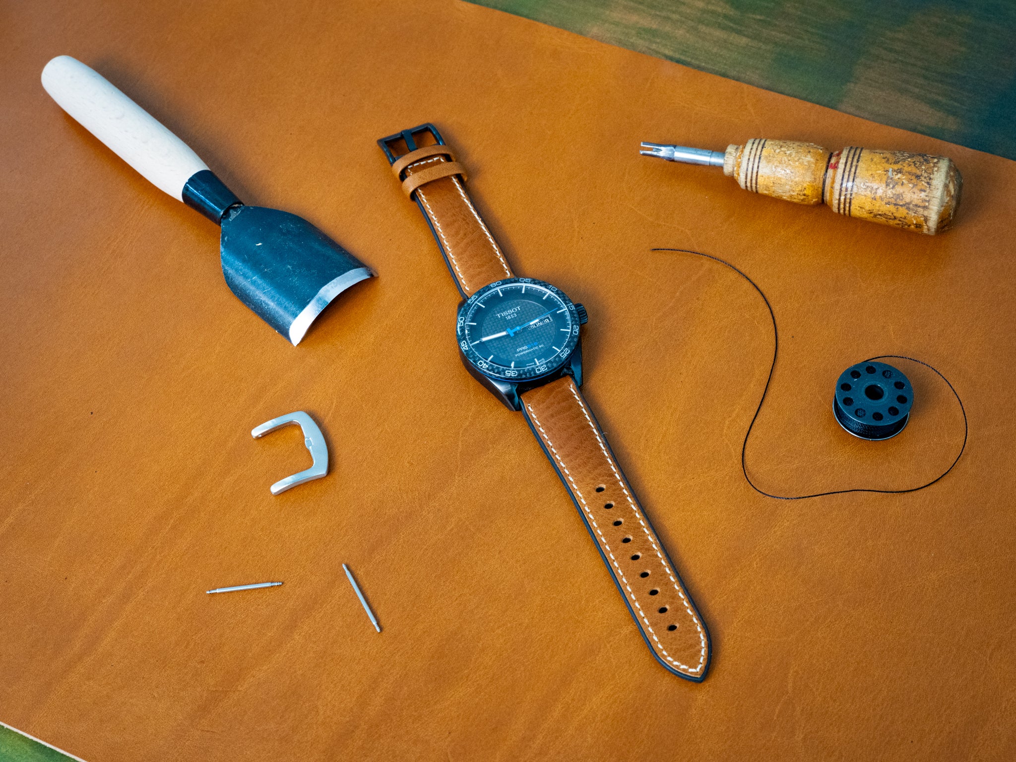 Italian Leather Watch Band with Rubber Backing - Natural - Image 4