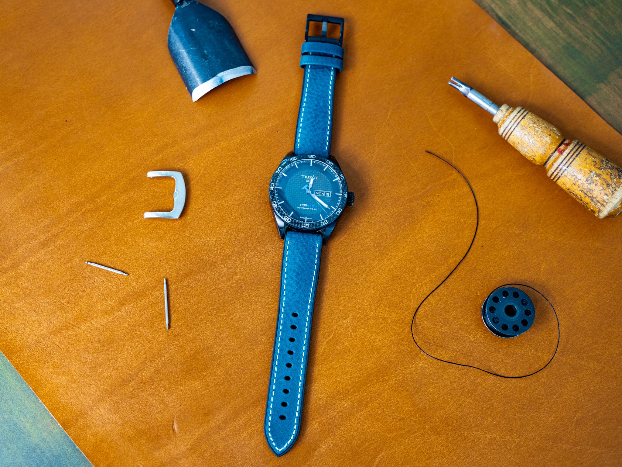 Italian Leather Watch Band with Rubber Backing - Navy - Image 2