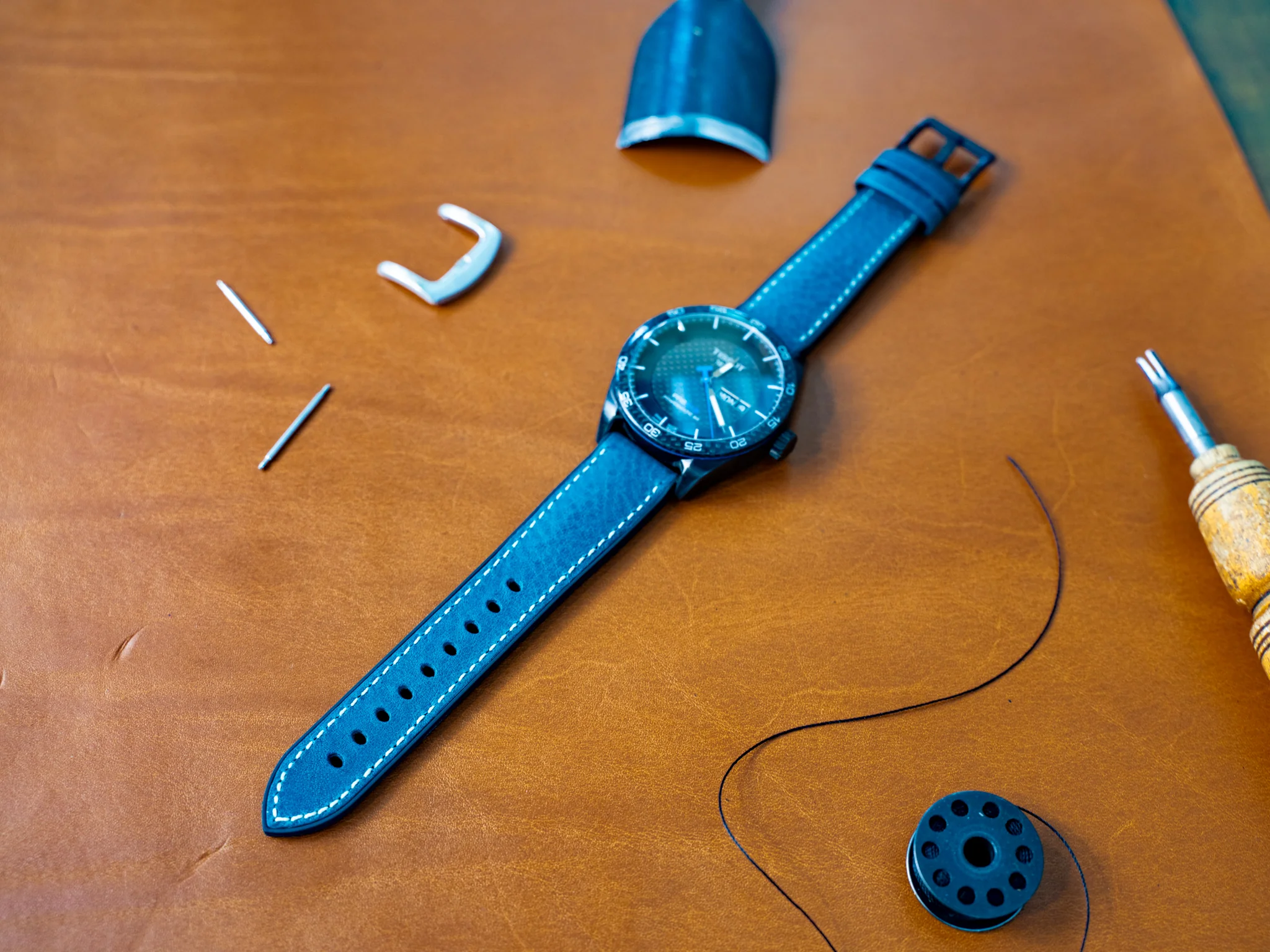 Italian Leather Watch Band with Rubber Backing - Navy - Image 3