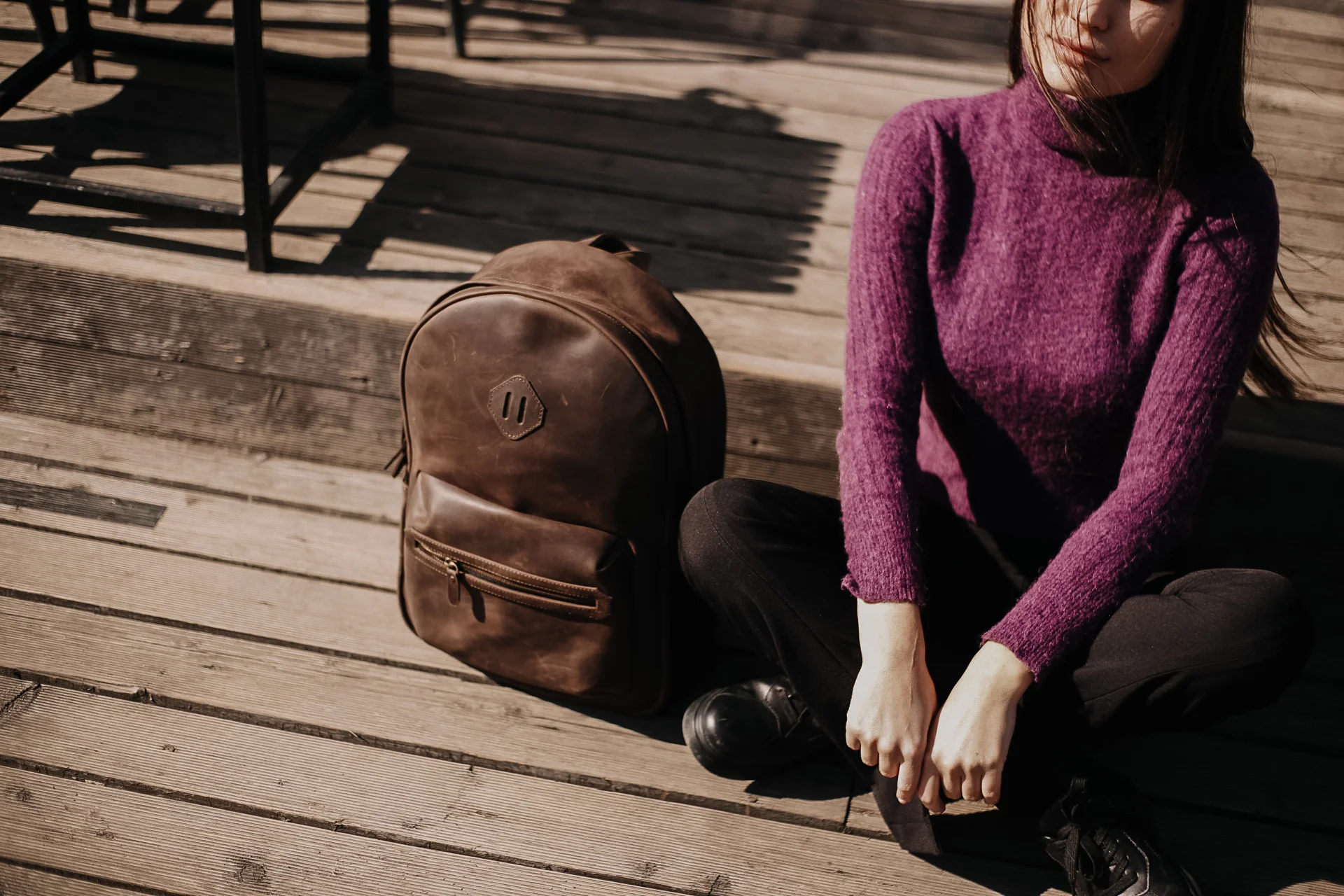 Leather Backpack City for Woman - Brown - Image 9