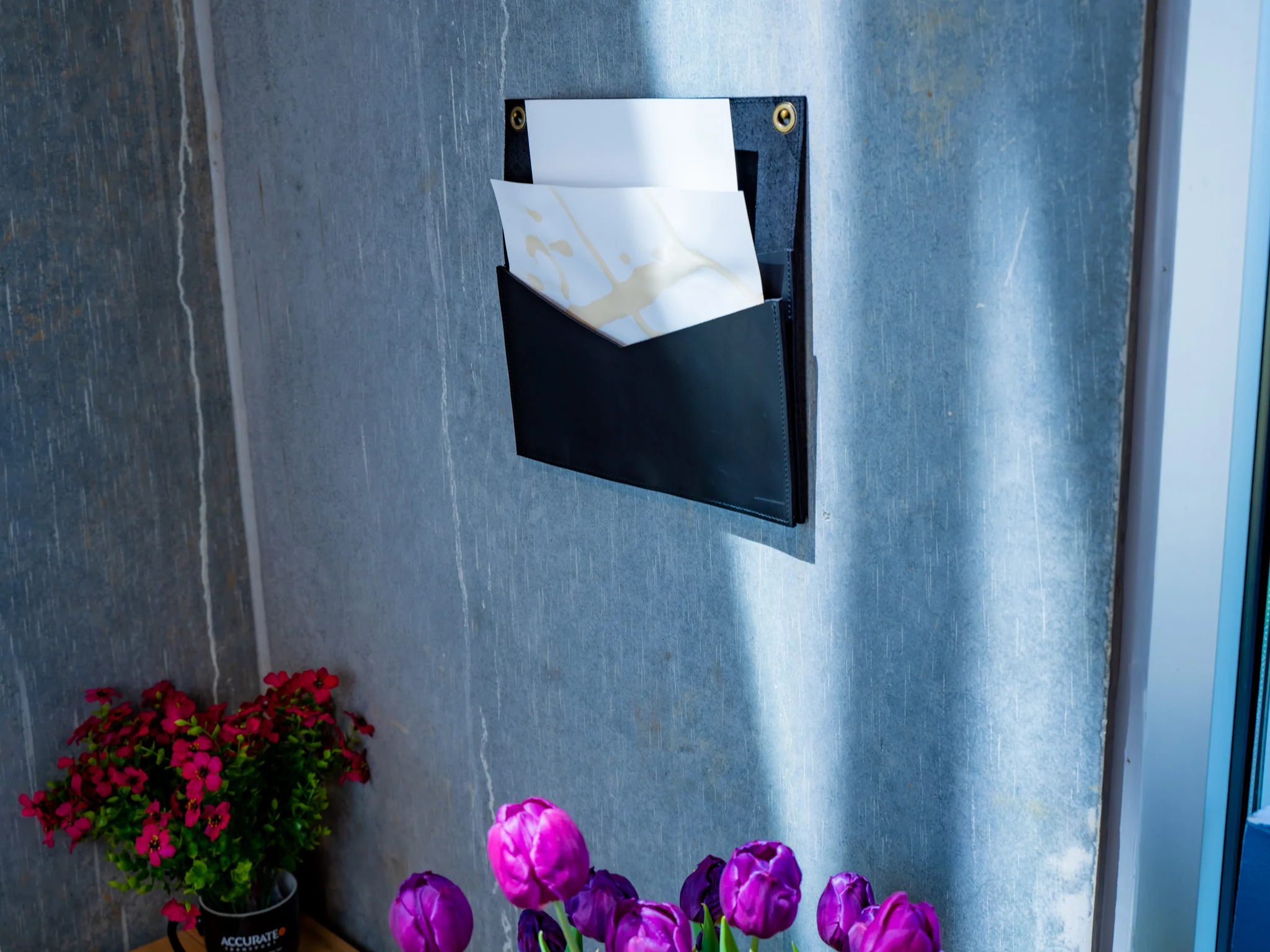 Leather Horizontal Mail Box with 2 Pockets - Black - Image 3