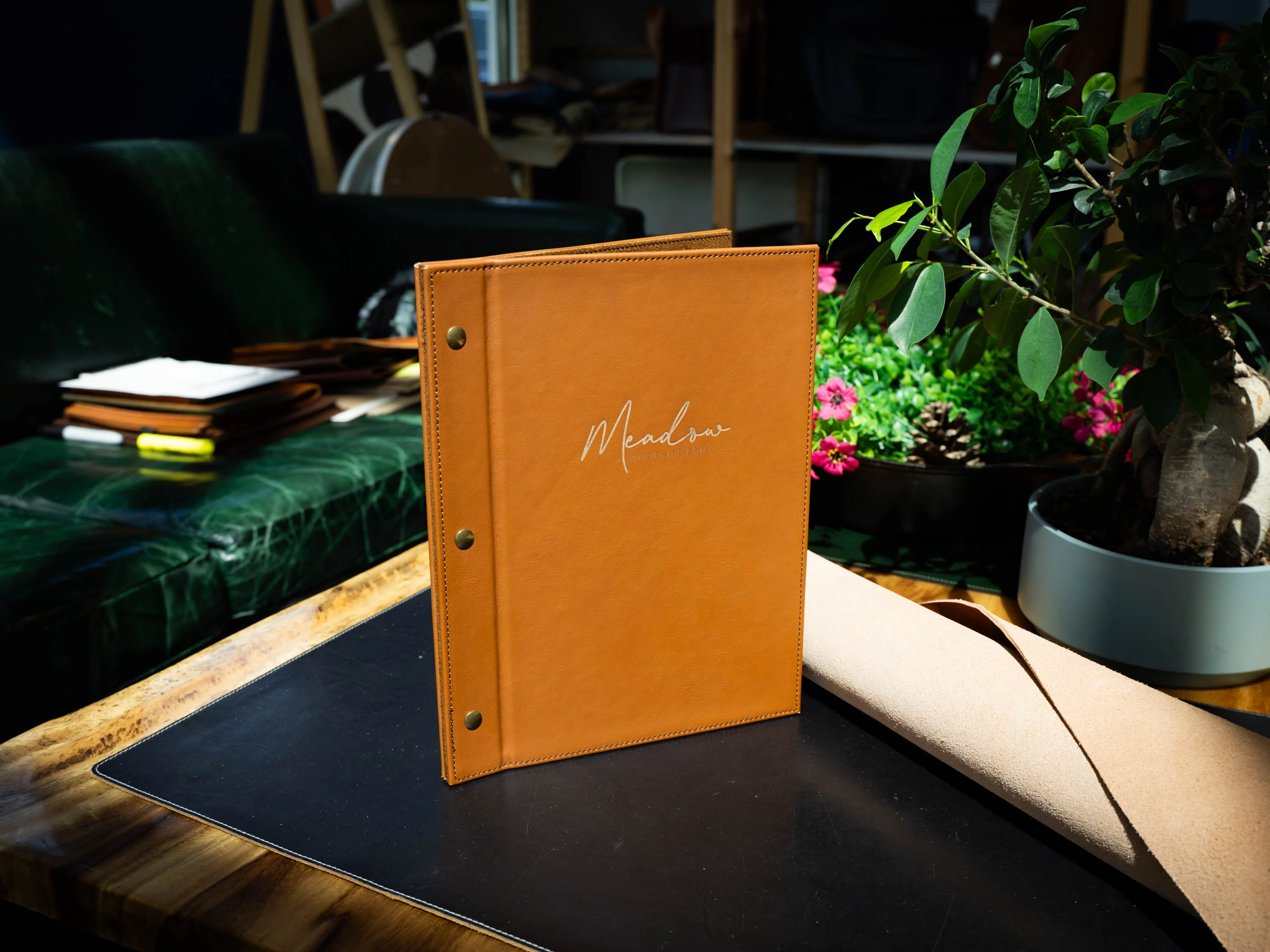 Italian Leather Menu with Chicago Screws - Brown - Image 2