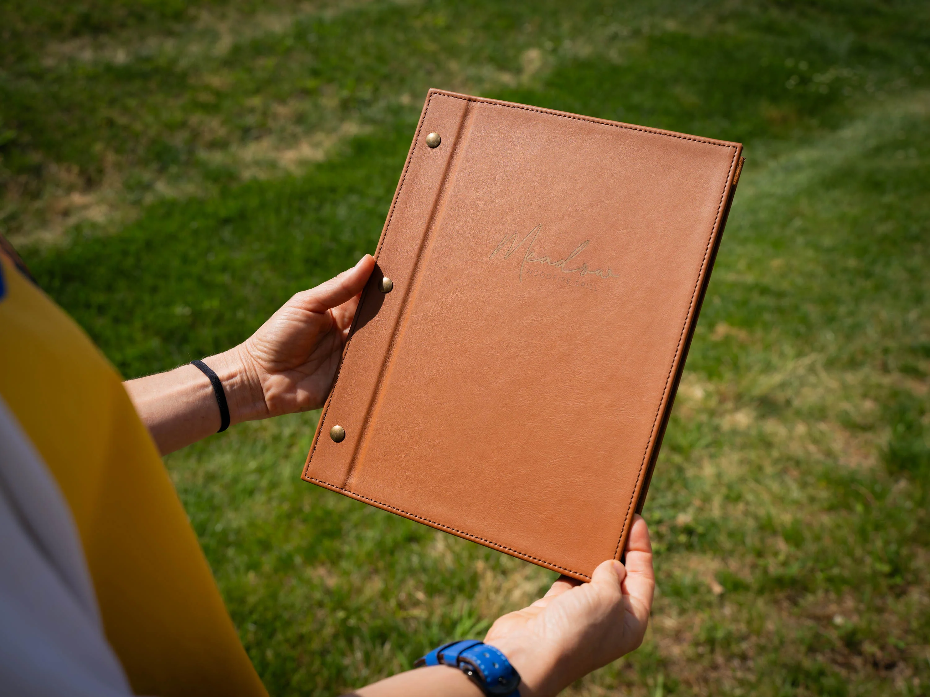 Italian Leather Menu with Chicago Screws - Brown - Image 5
